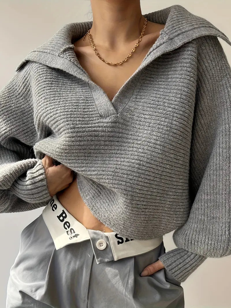 Plain Loose Lapel Sweater-Chicvia