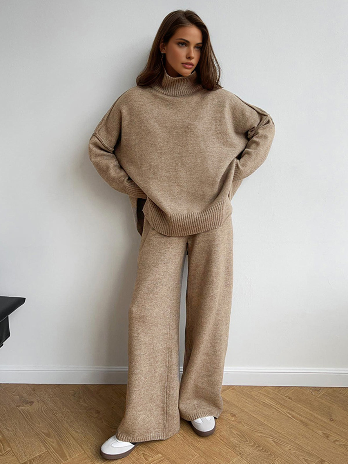 Plain Turtleneck Knit Pants Set-Chicvia