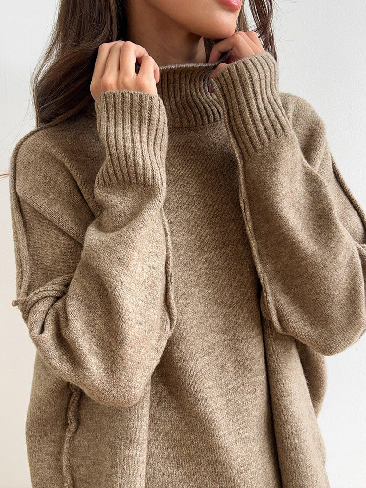 Plain Turtleneck Knit Pants Set-Chicvia