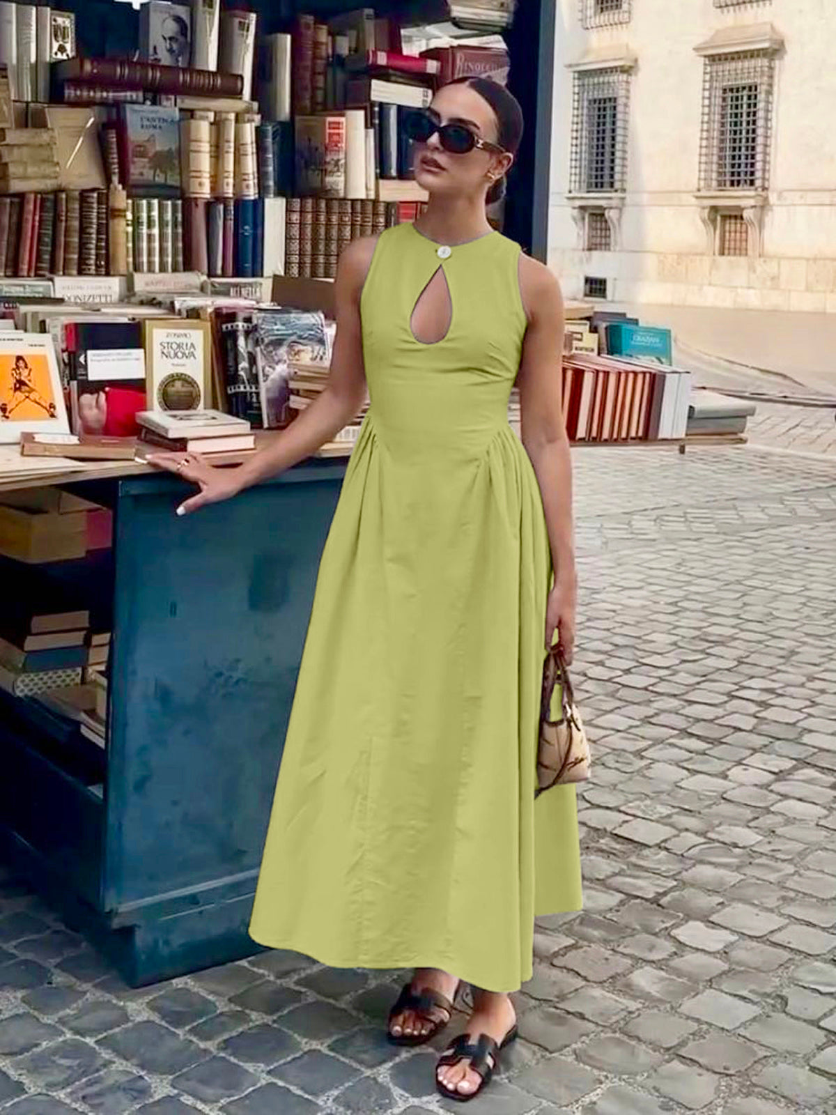 Cotton & Linen Pleated Cutout Long Dress-Chicvia