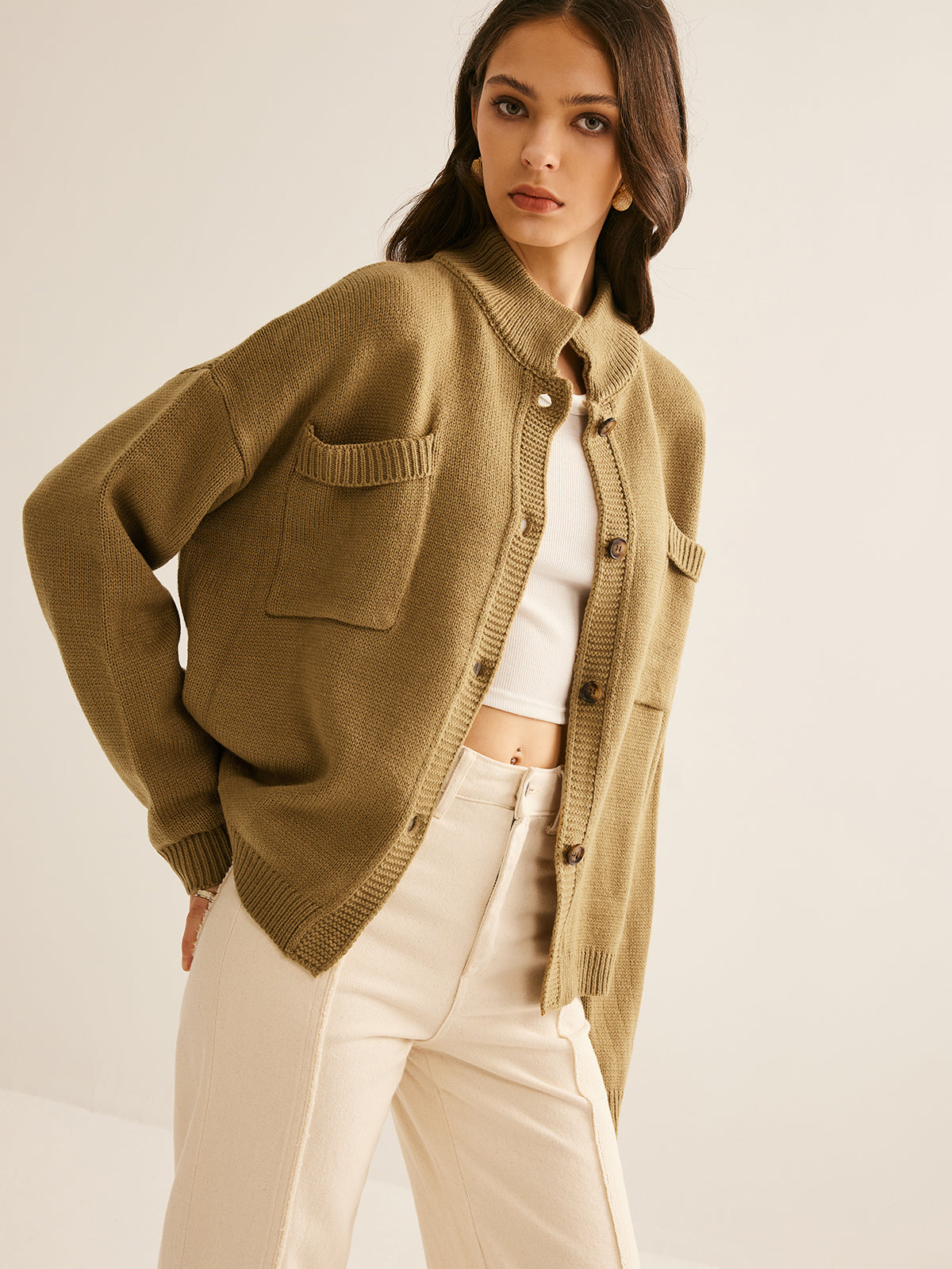 Button Down Pockets Cardigan-Chicvia