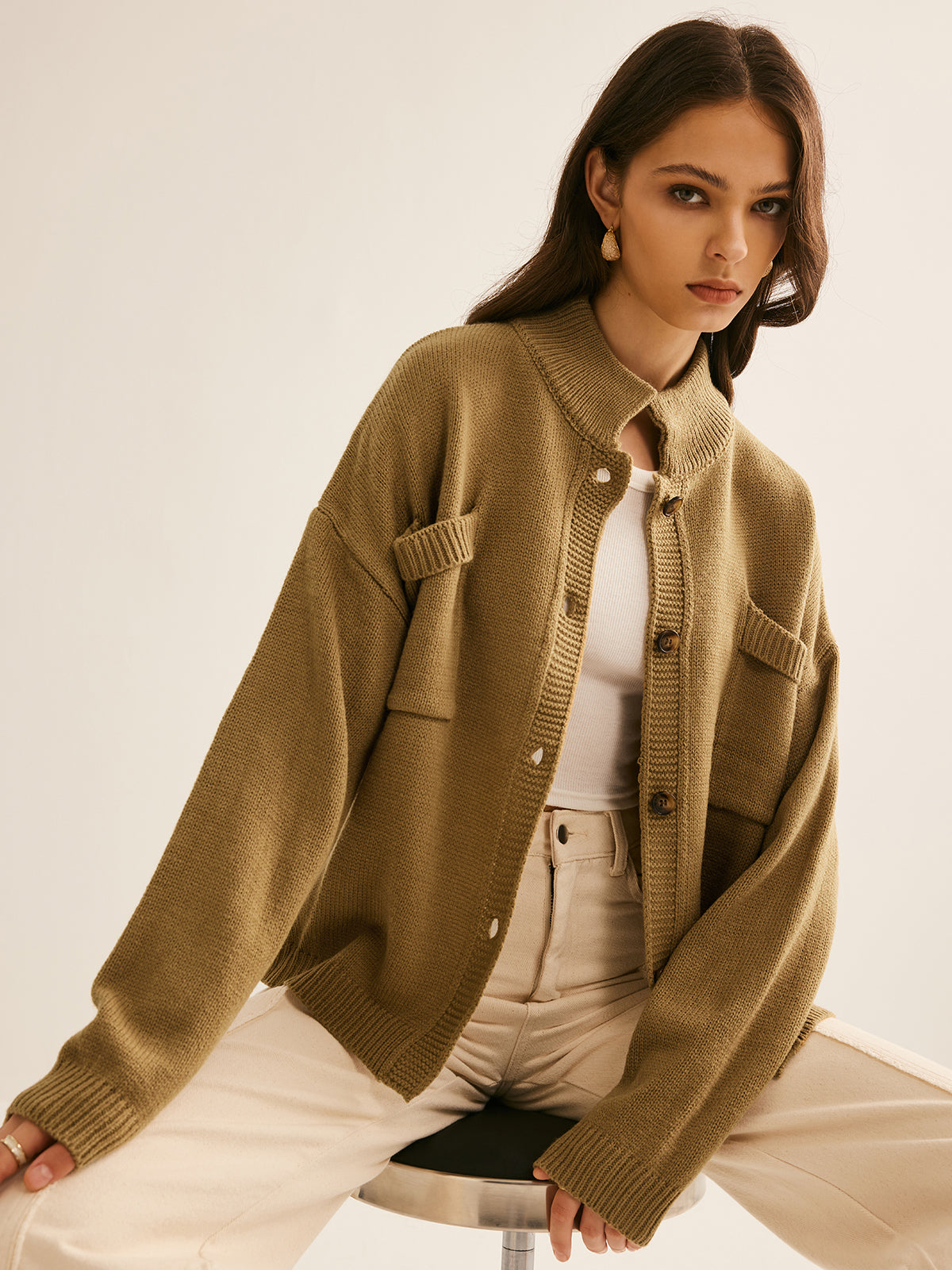 Button Down Pockets Cardigan-Chicvia