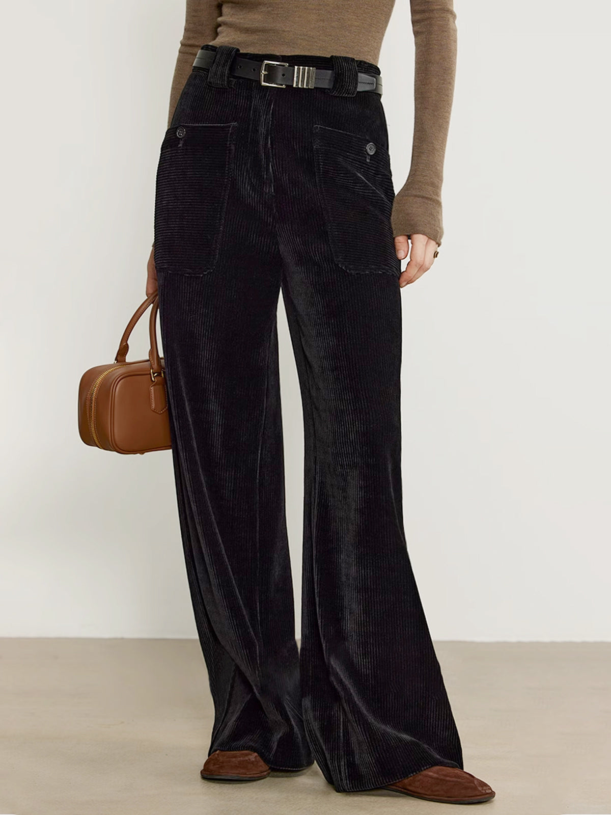 Corduroy Draped Pants Without Belt-Chicvia