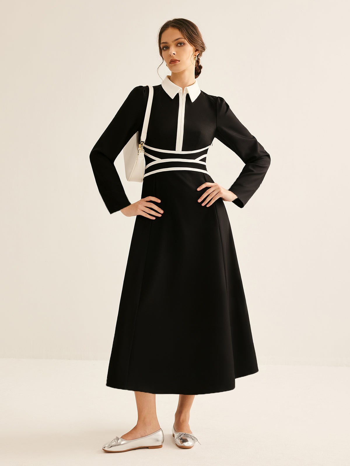 Contrast Piping Long Sleeve Lapel Dress-Chicvia