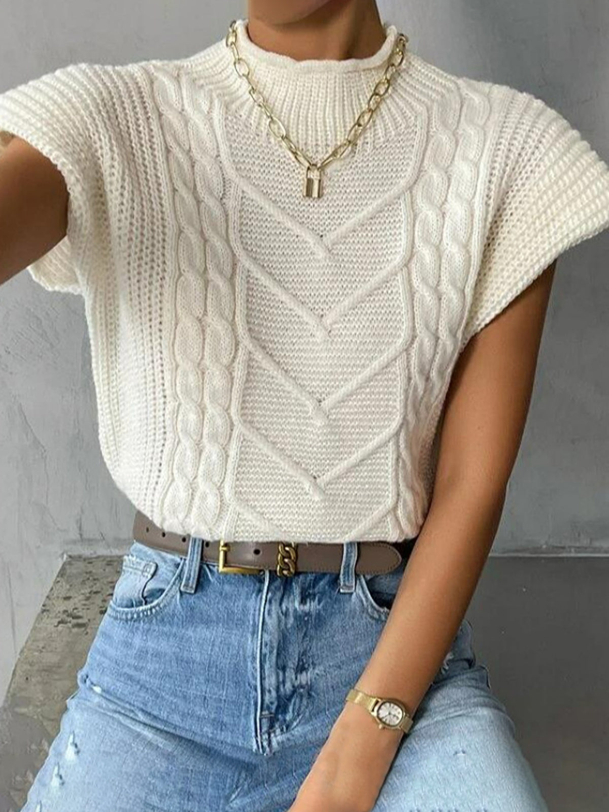 Plain Cap Sleeve Sweater Vest-Chicvia