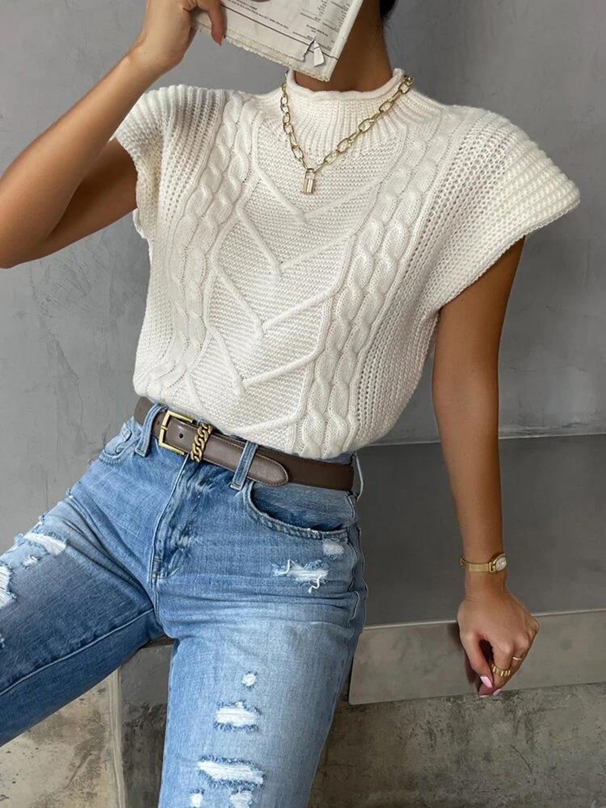 Plain Cap Sleeve Sweater Vest-Chicvia