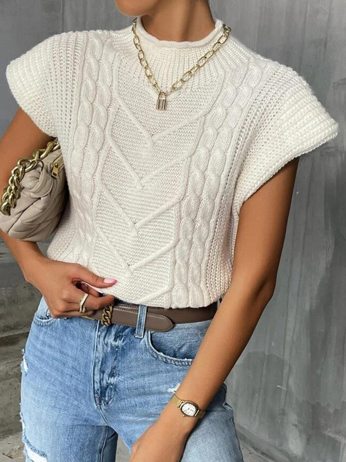 Plain Cap Sleeve Sweater Vest-Chicvia
