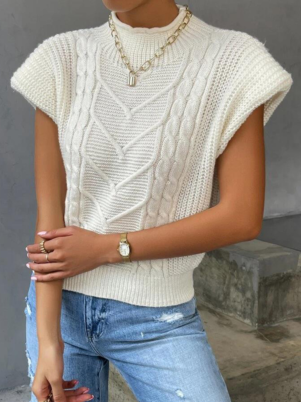Plain Cap Sleeve Sweater Vest-Chicvia