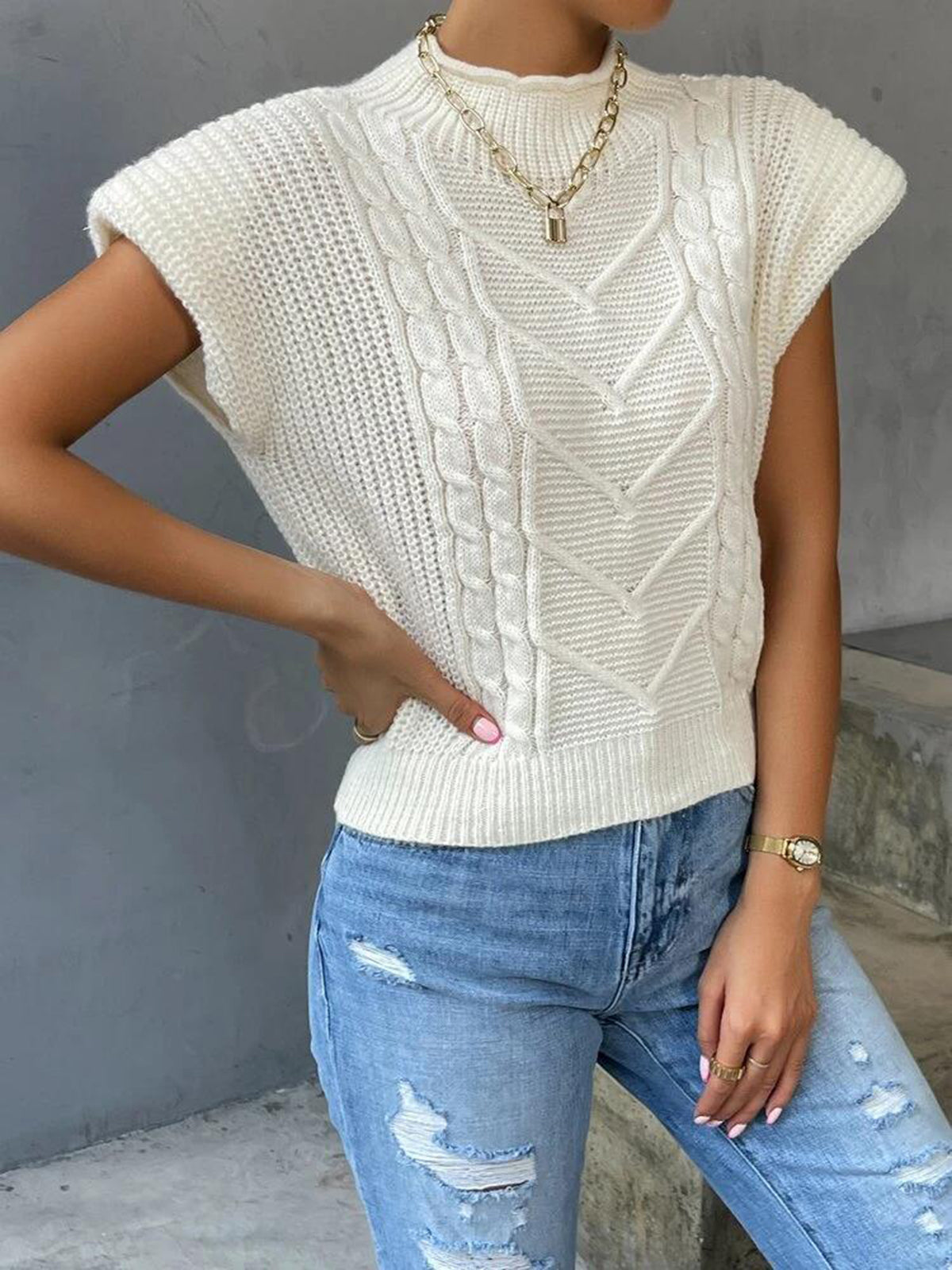 Plain Cap Sleeve Sweater Vest-Chicvia