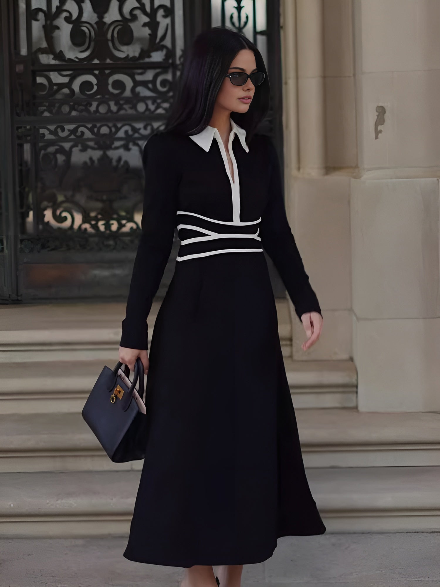Contrast Piping Long Sleeve Lapel Dress-Chicvia