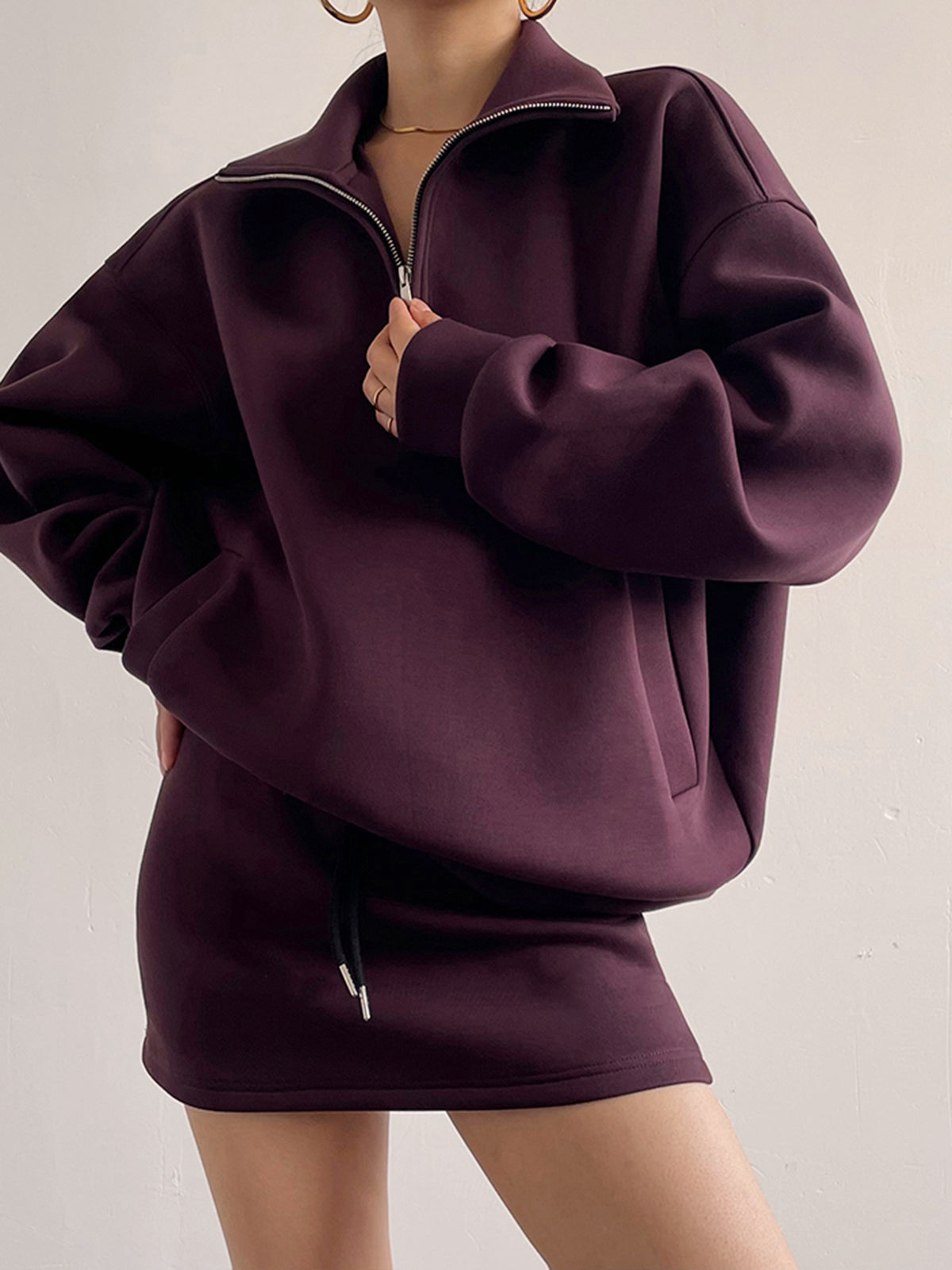 Drawstring Zipper Lapel Skirt Set-Chicvia