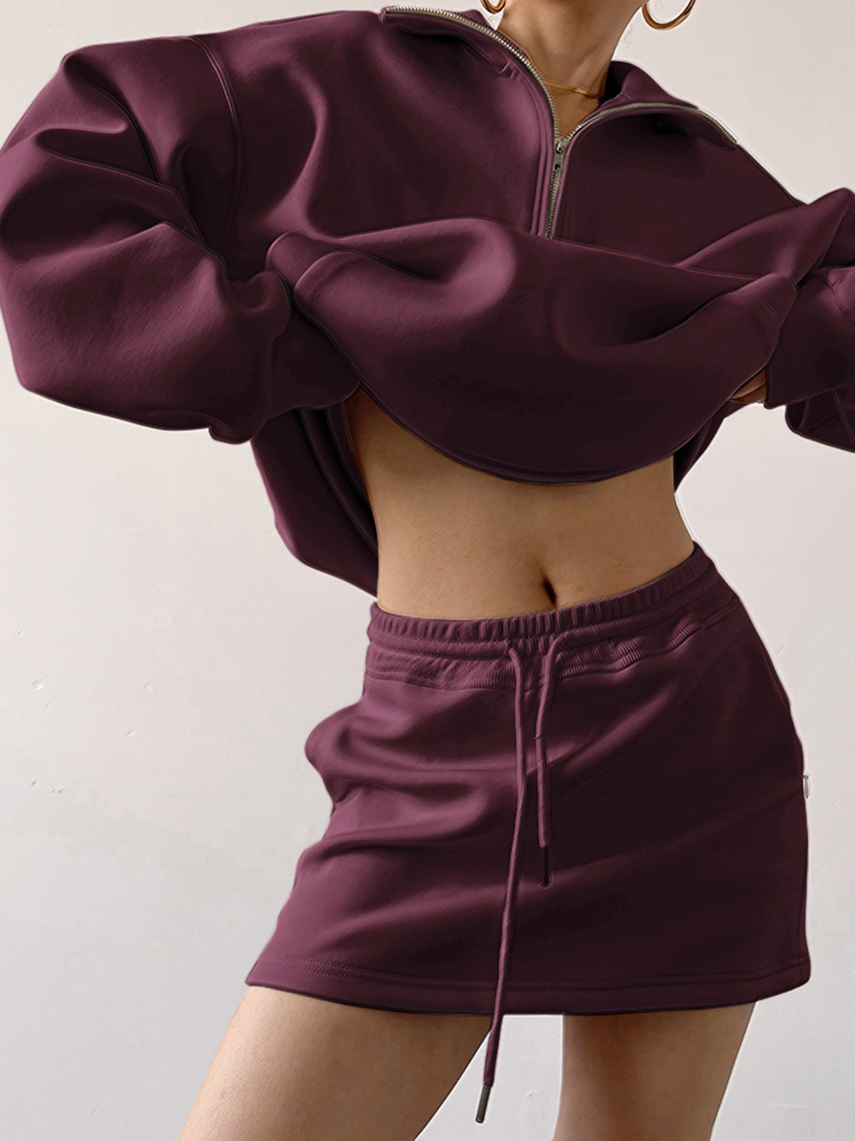 Drawstring Zipper Lapel Skirt Set-Chicvia