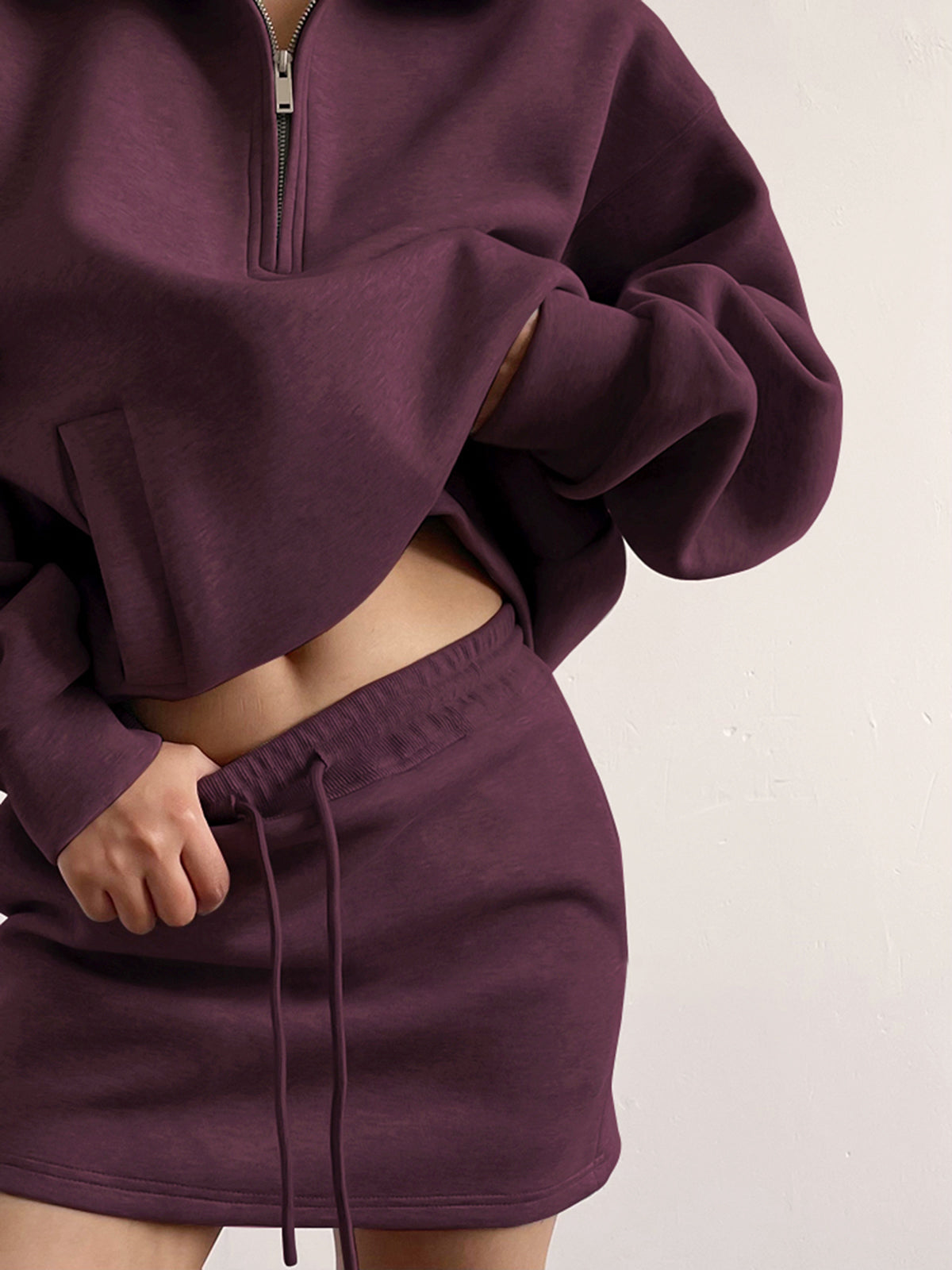 Drawstring Zipper Lapel Skirt Set-Chicvia