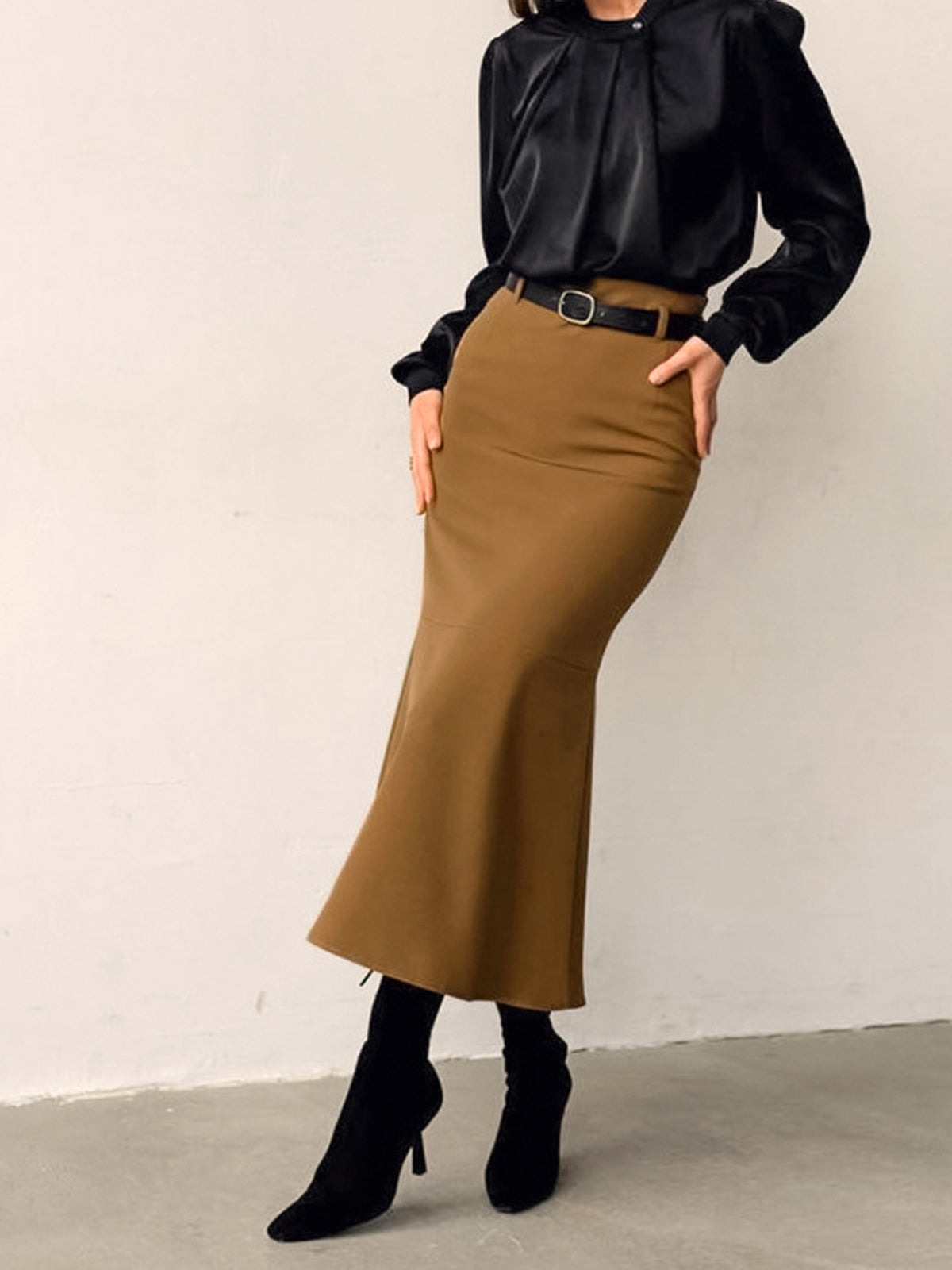 Minimalist Plain Maxi Skirt Without Belt-Chicvia