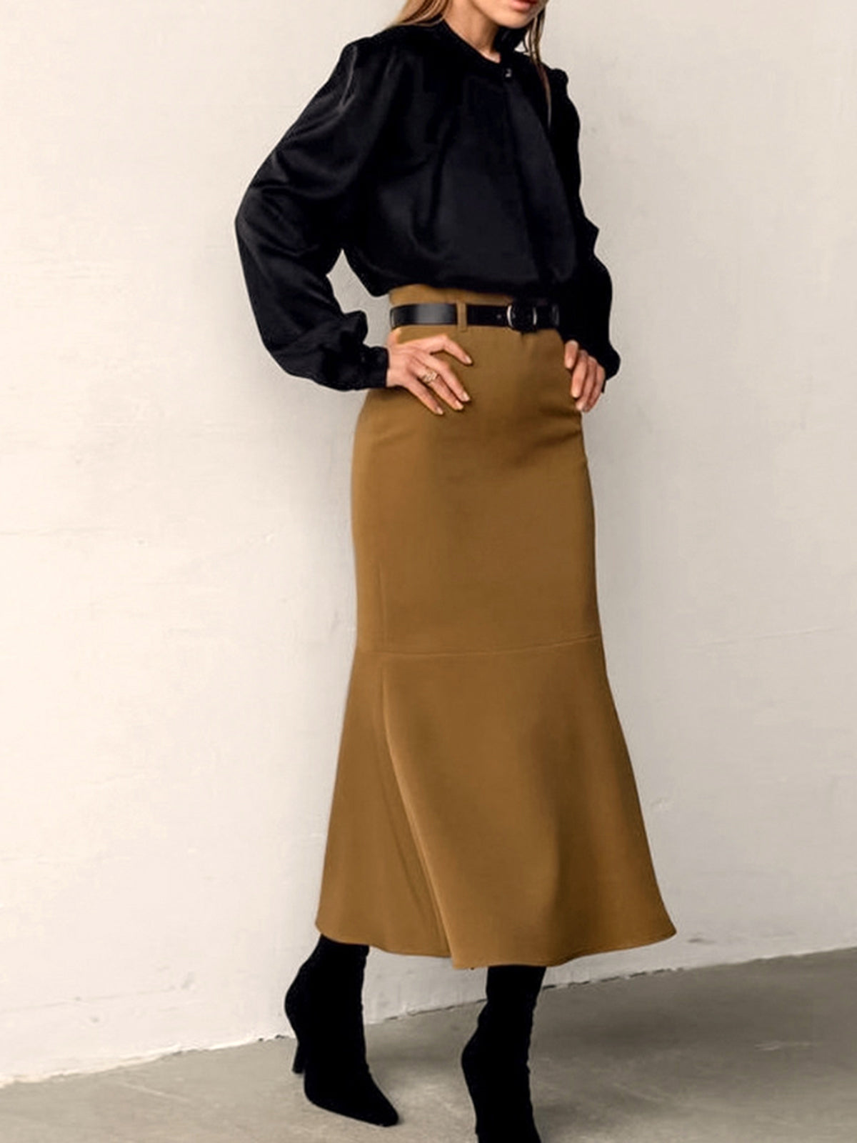 Minimalist Plain Maxi Skirt Without Belt-Chicvia