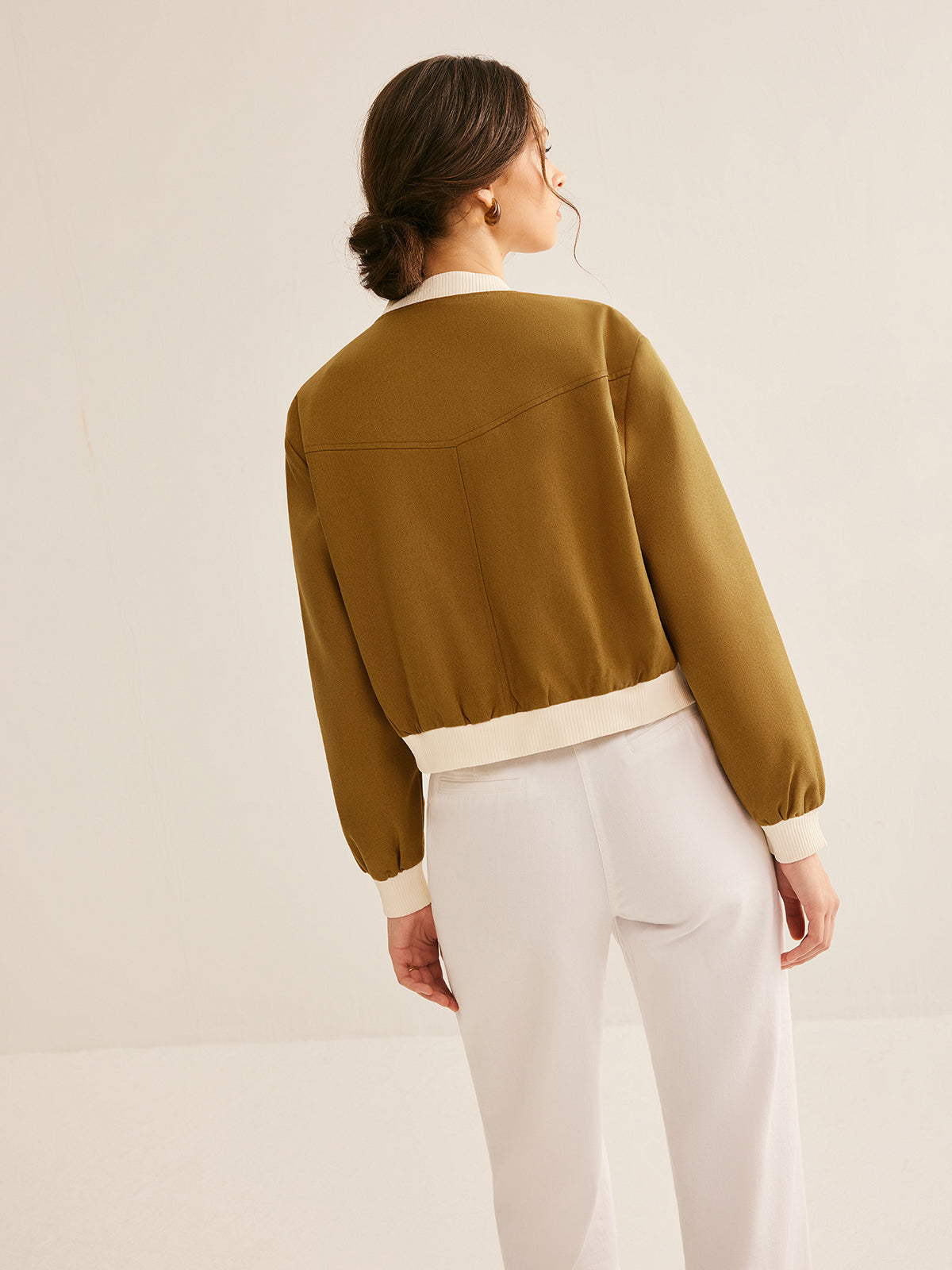 Oversized Crew Neck Contrast Trim Button Jacket-Chicvia