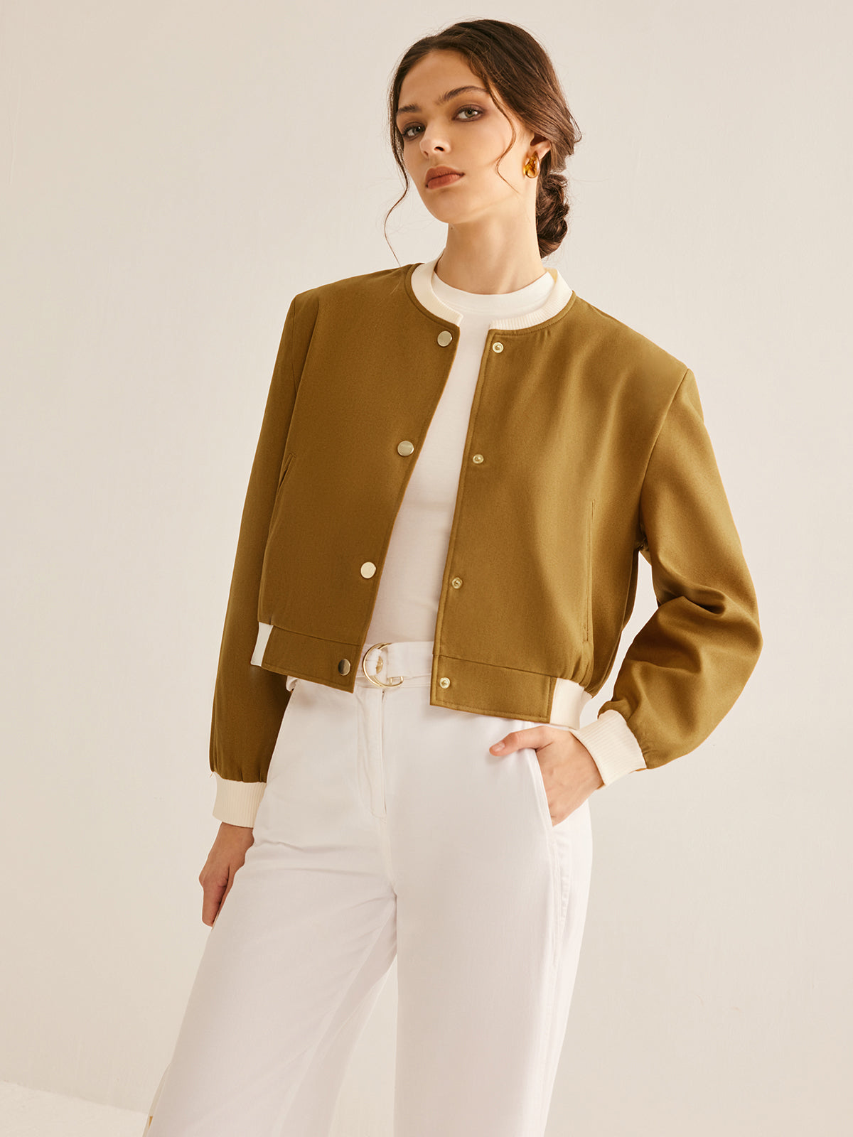 Oversized Crew Neck Contrast Trim Button Jacket-Chicvia