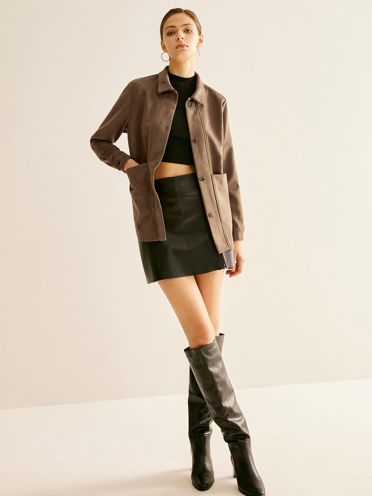 Pockets Suede Effect Polo Shirt-Chicvia