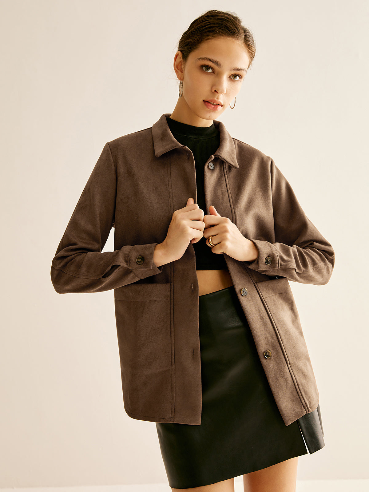 Pockets Suede Effect Polo Shirt-Chicvia