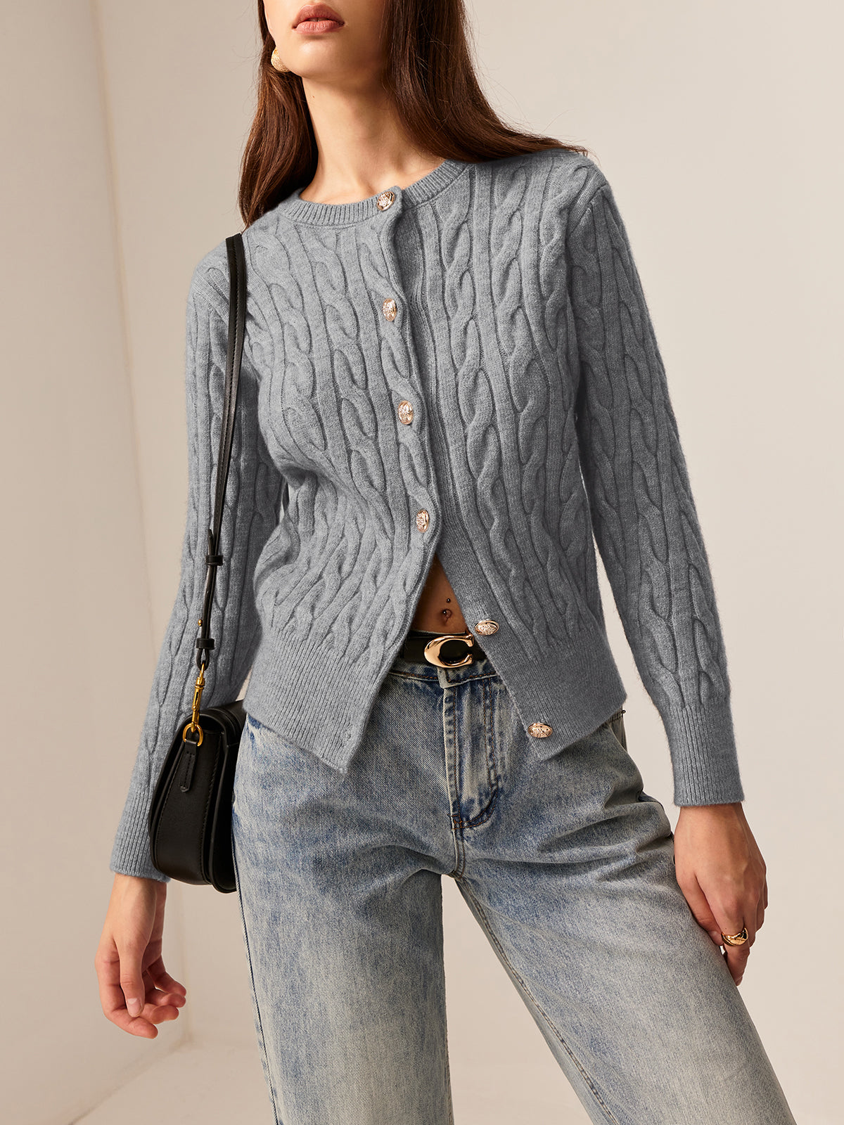Crew Neck Button Down Cable Cardigan-Chicvia