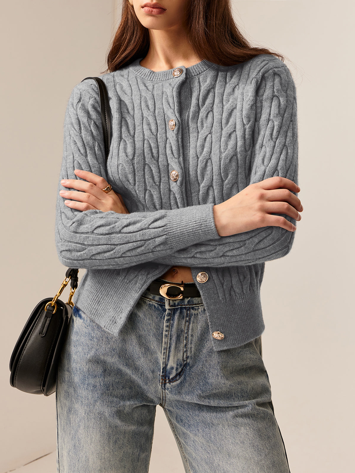 Crew Neck Button Down Cable Cardigan-Chicvia