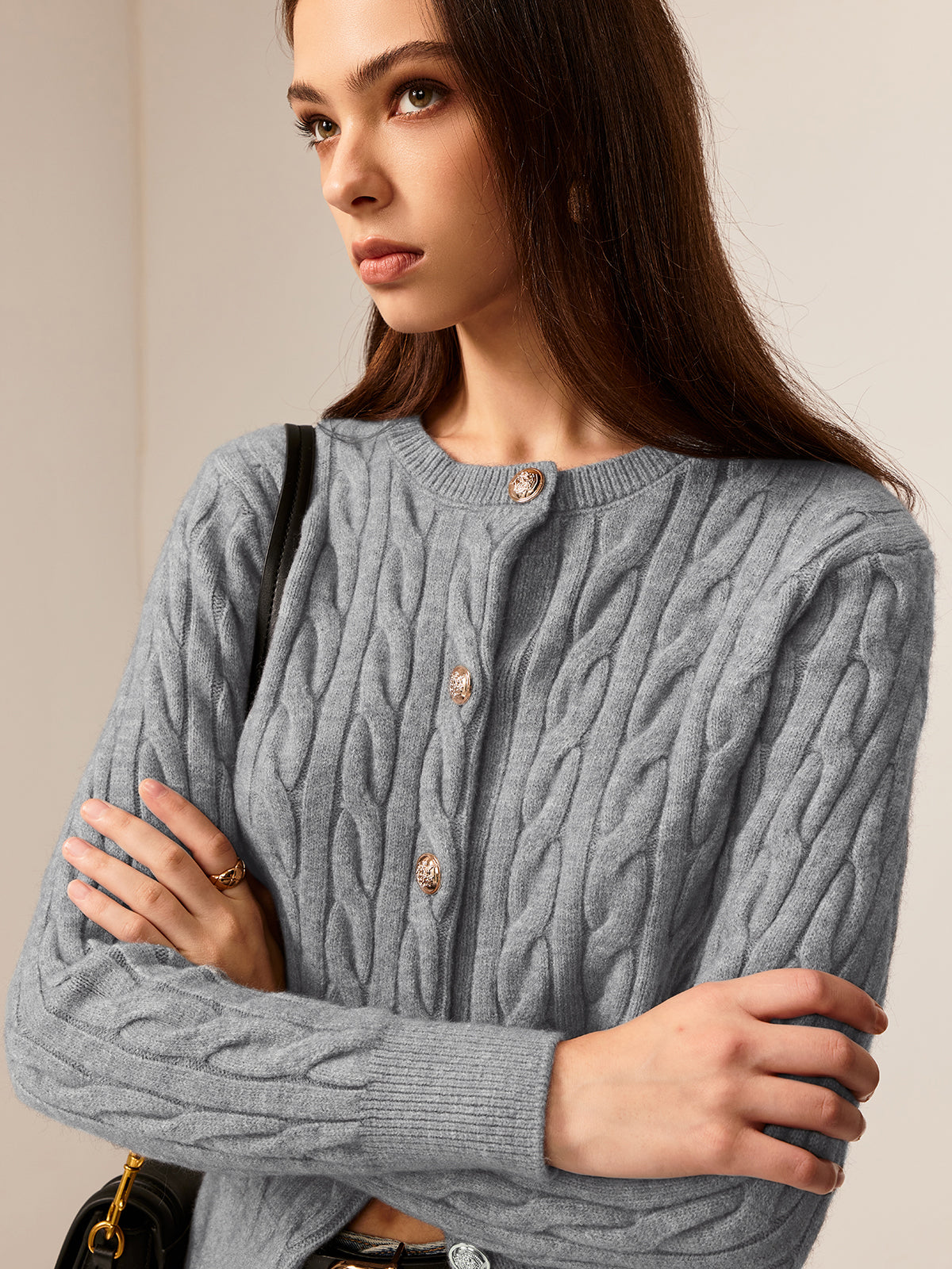 Crew Neck Button Down Cable Cardigan-Chicvia