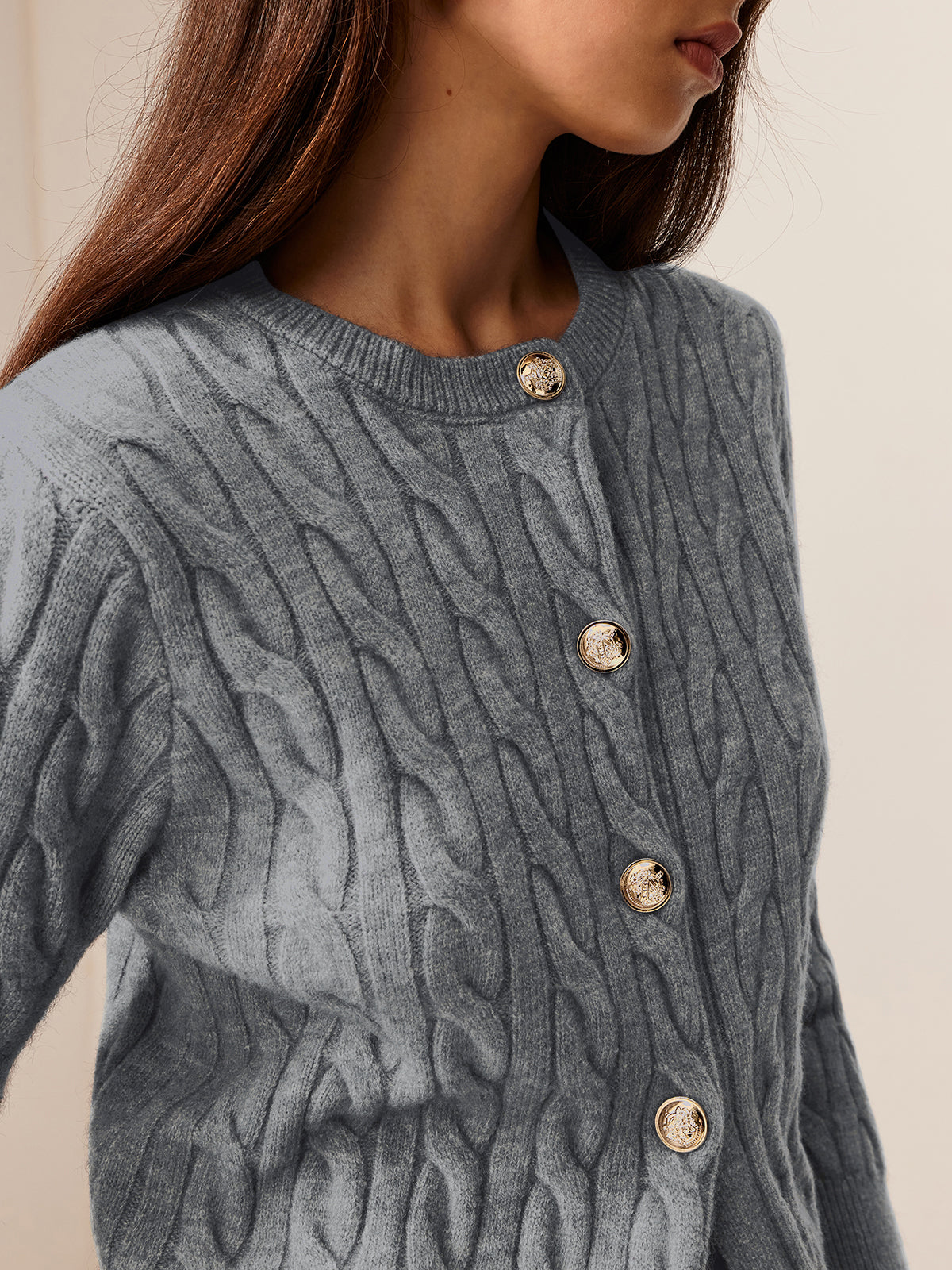 Crew Neck Button Down Cable Cardigan-Chicvia