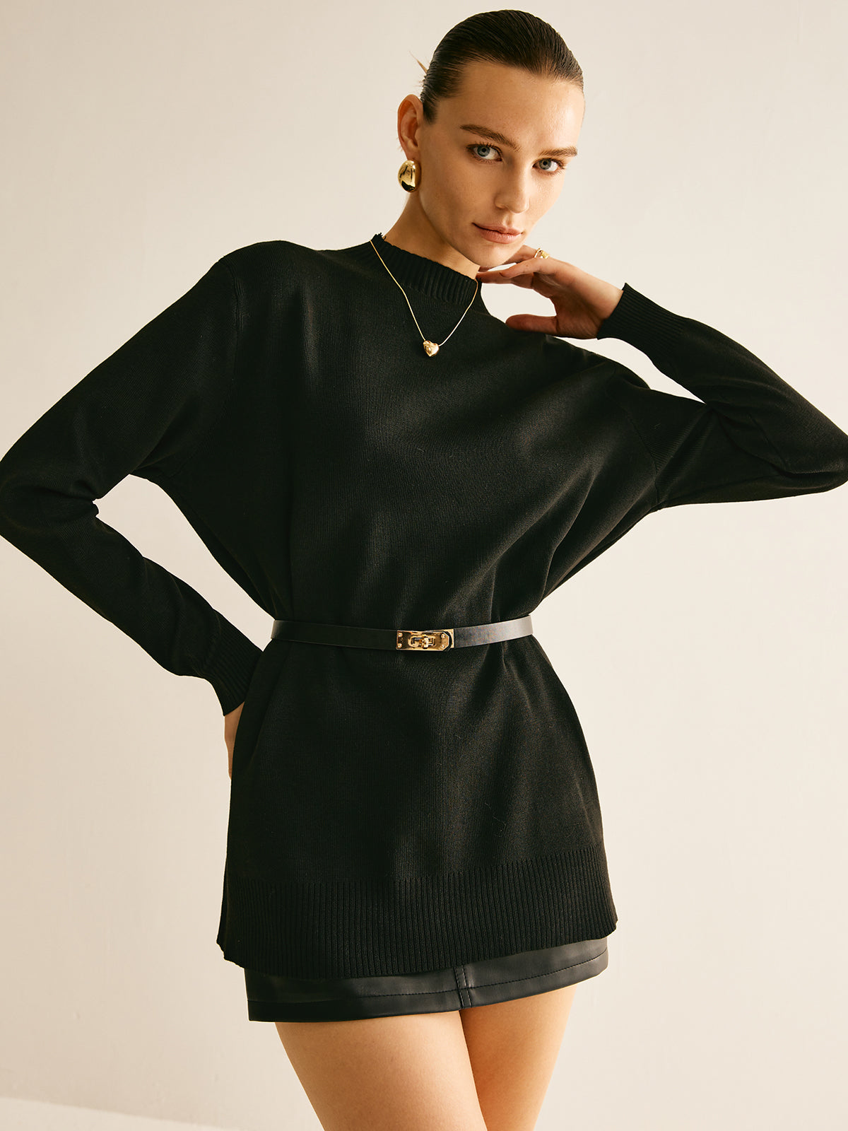 Plain Mock Neck Versatile Belted Sweater-Chicvia