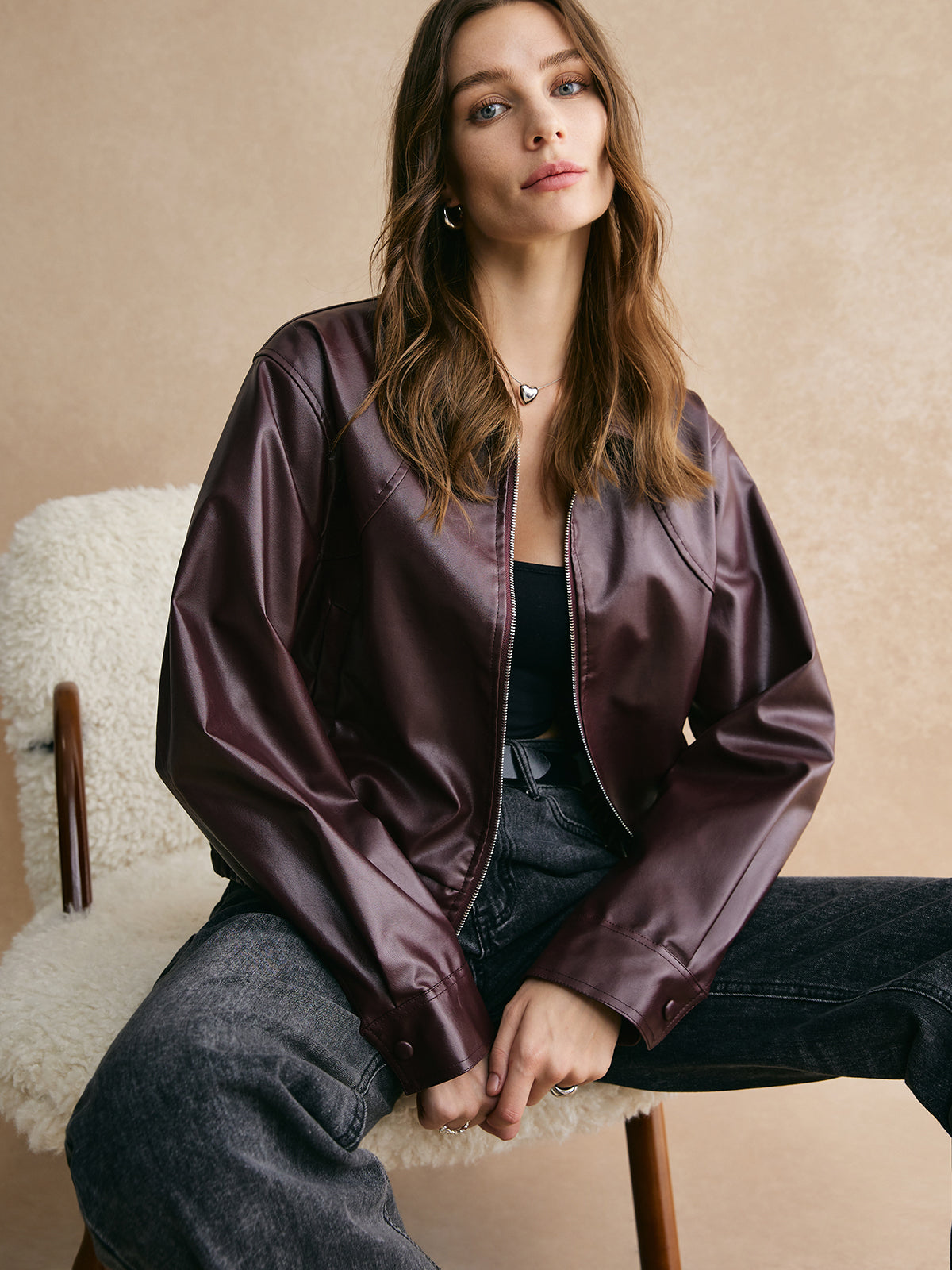 Lapel Zipper PU Leather Short Jacket-Chicvia