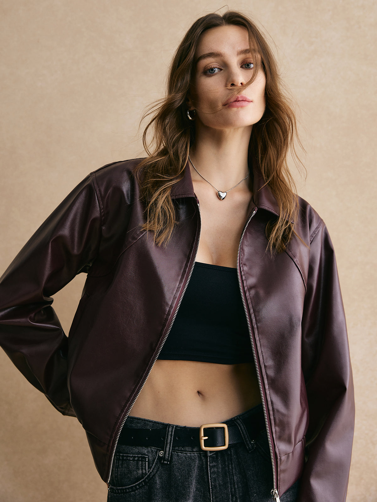 Lapel Zipper PU Leather Short Jacket-Chicvia