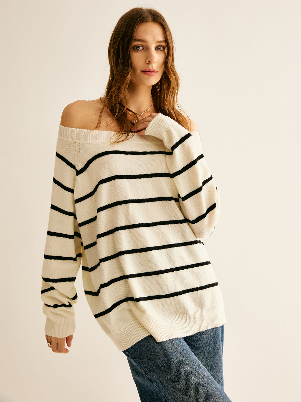 Off Shoulder Striped Pullover Sweater-Chicvia