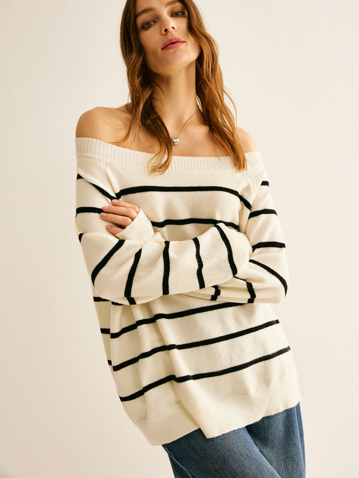 Off Shoulder Striped Pullover Sweater-Chicvia