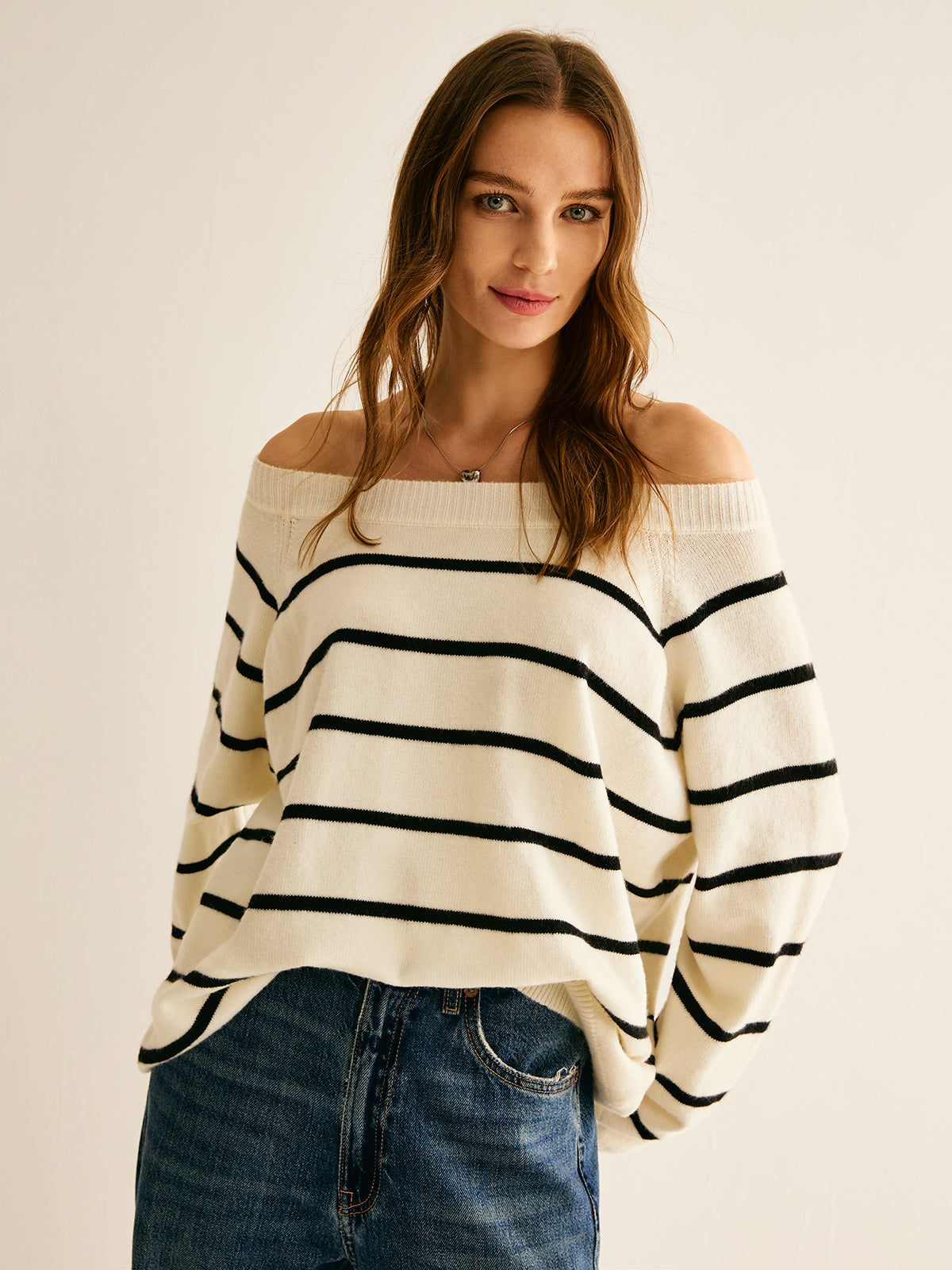 Off Shoulder Striped Pullover Sweater-Chicvia