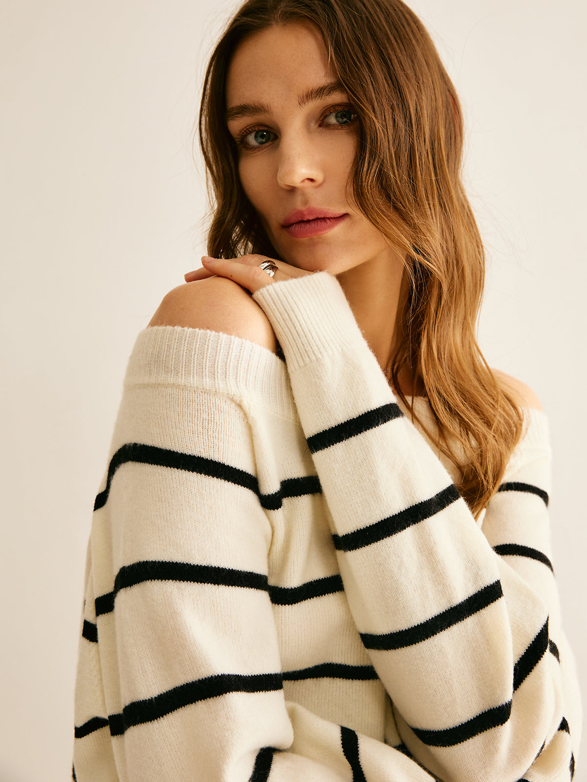 Off Shoulder Striped Pullover Sweater-Chicvia