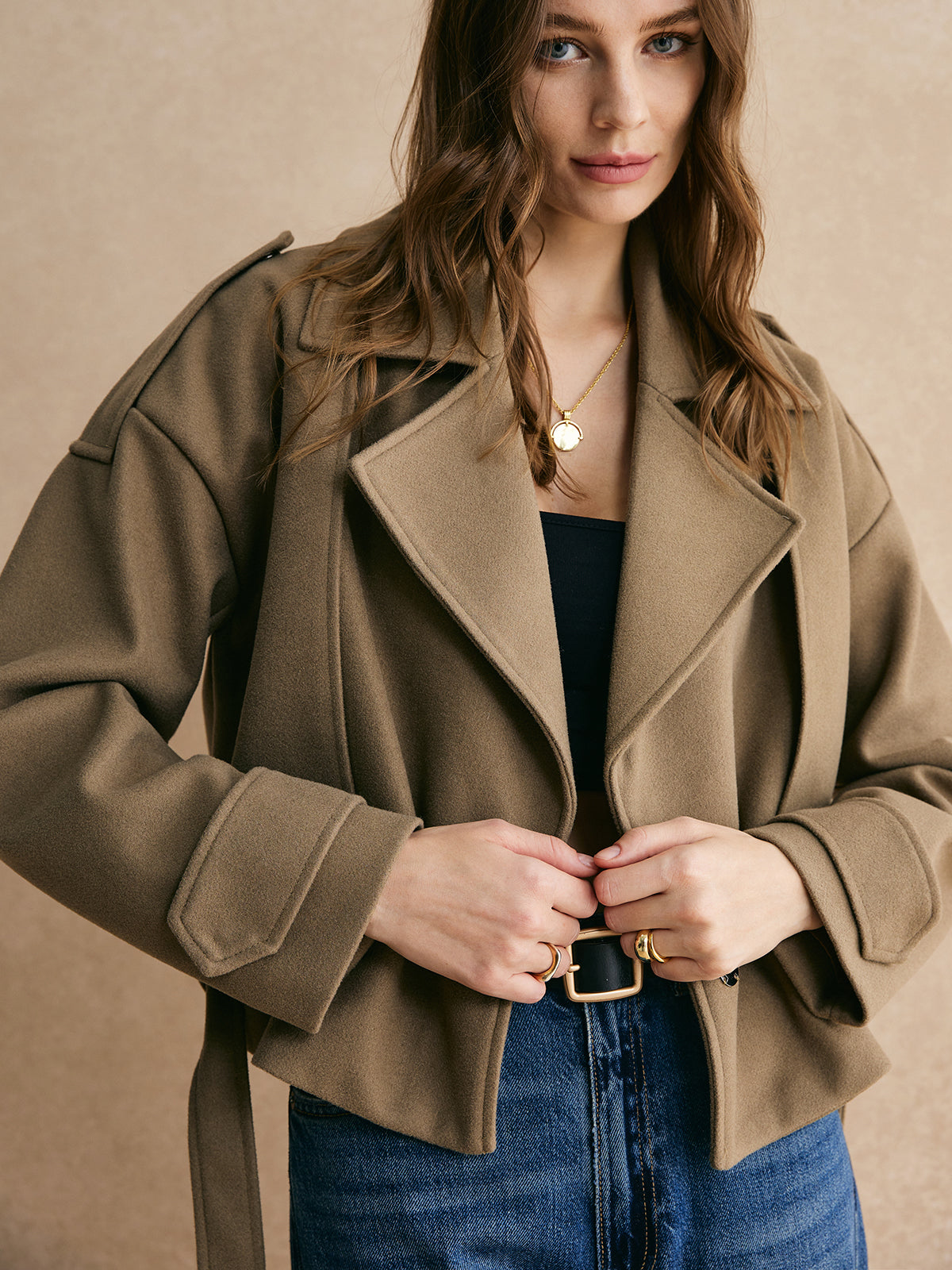 Plain Belted Warm Jacket-Chicvia