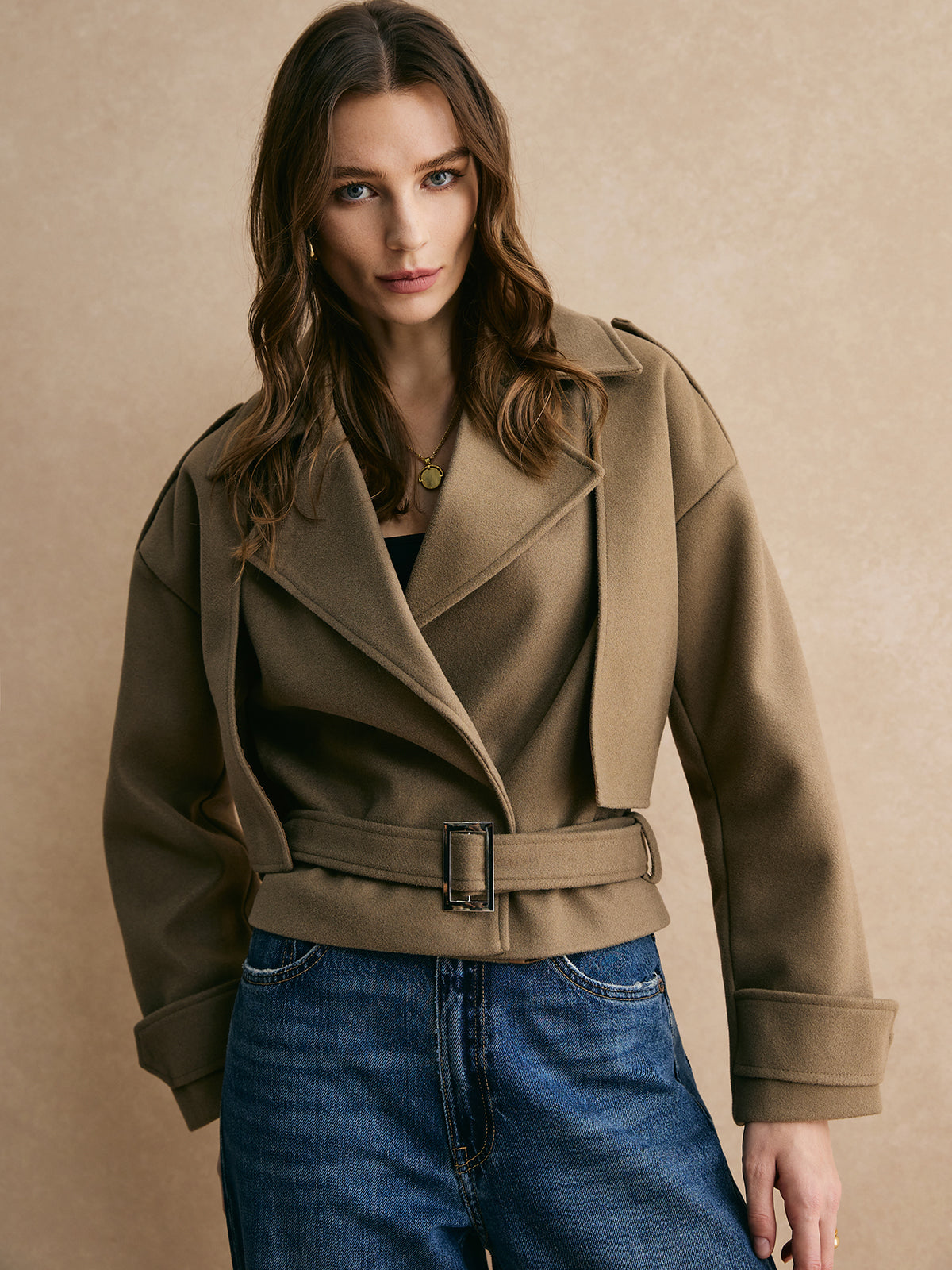 Plain Belted Warm Jacket-Chicvia