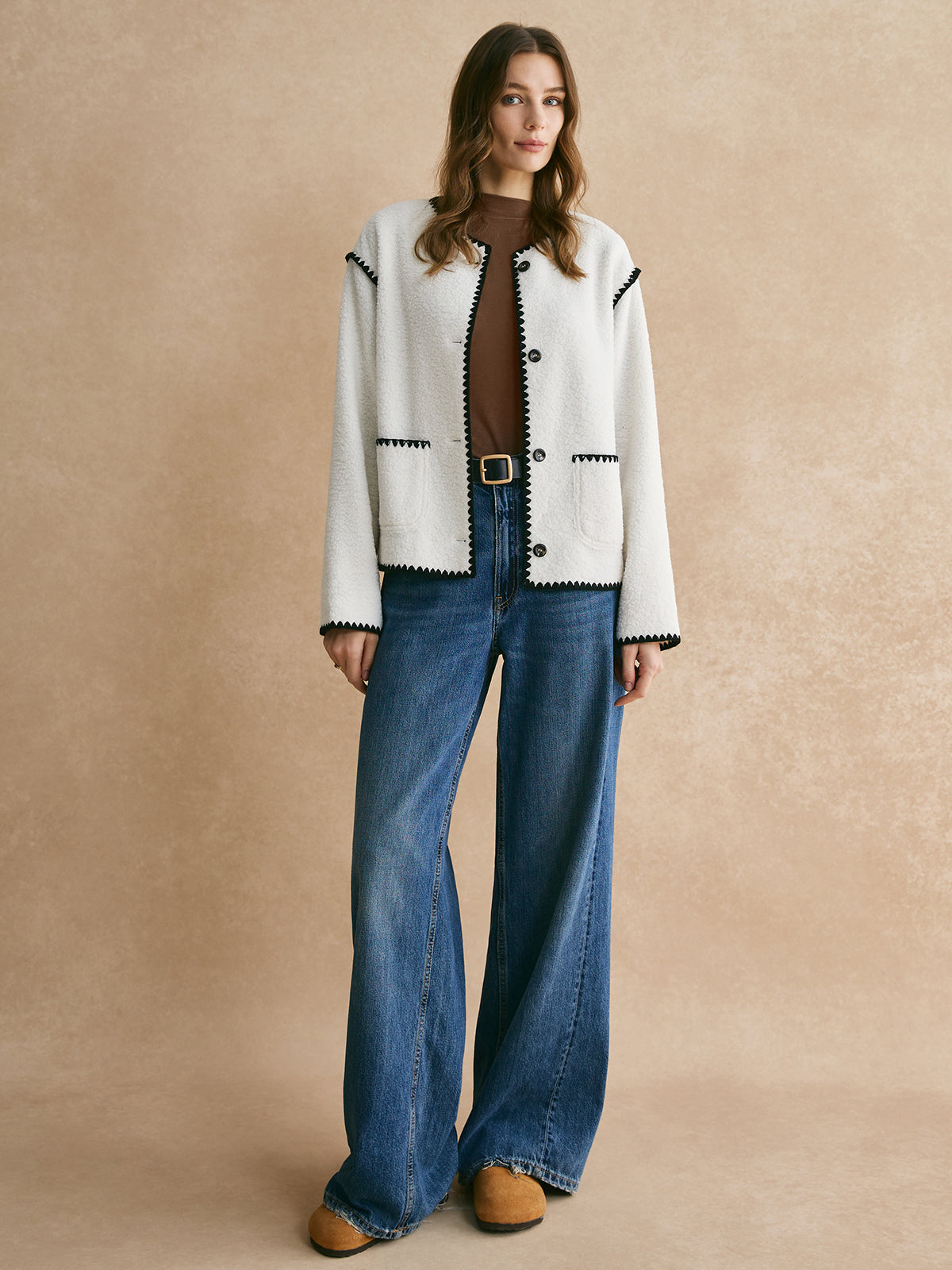 Contrast Trim Minky Fleece Jacket-Chicvia