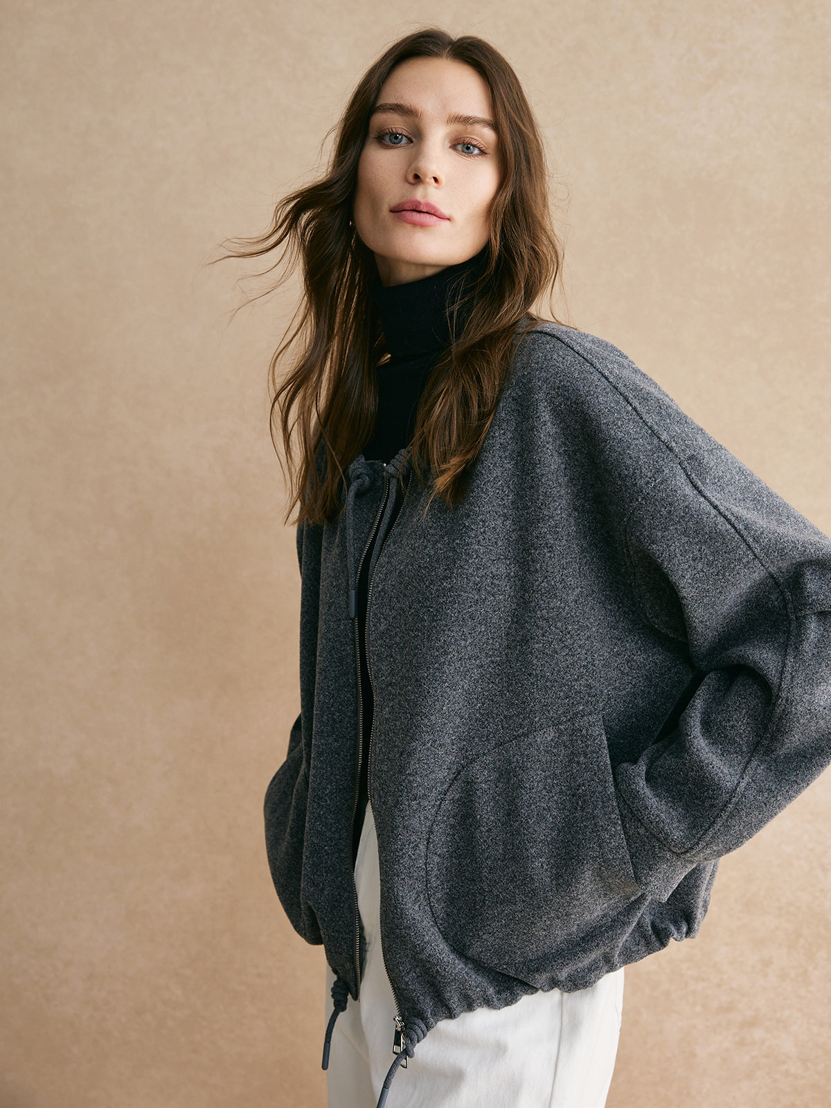 Drawstring Zipper Loose Jacket-Chicvia