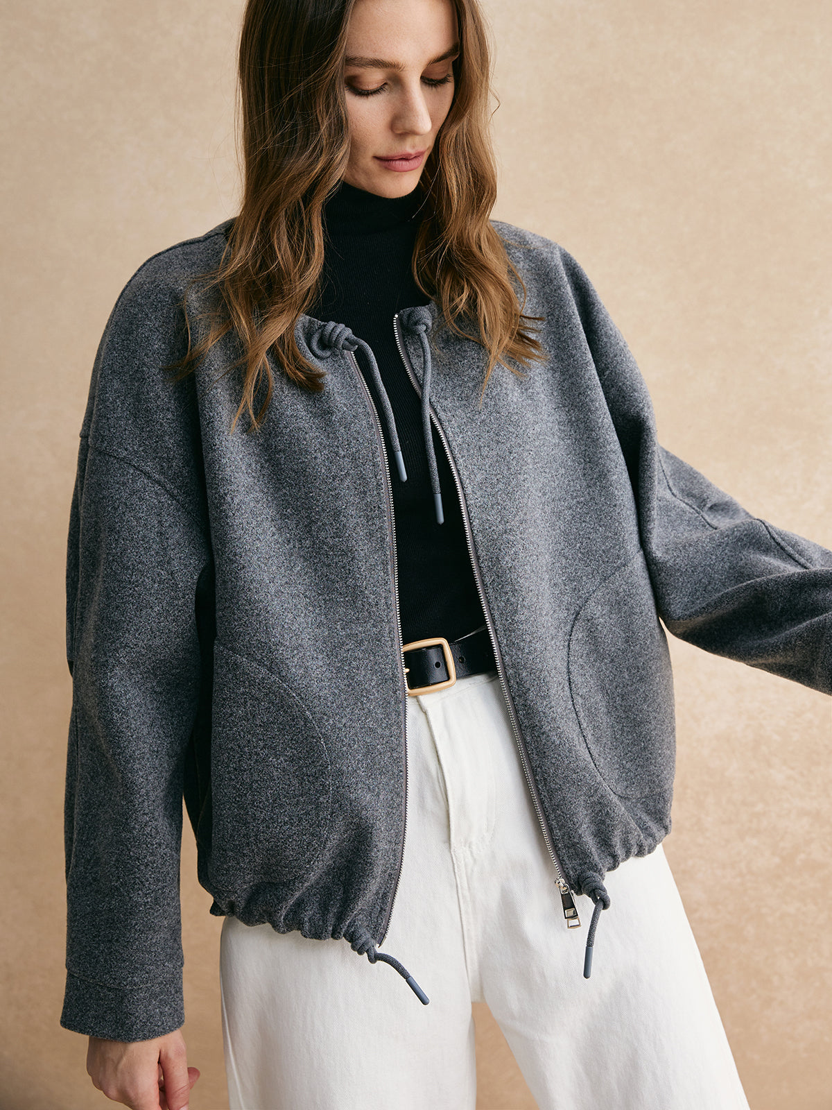 Drawstring Zipper Loose Jacket-Chicvia