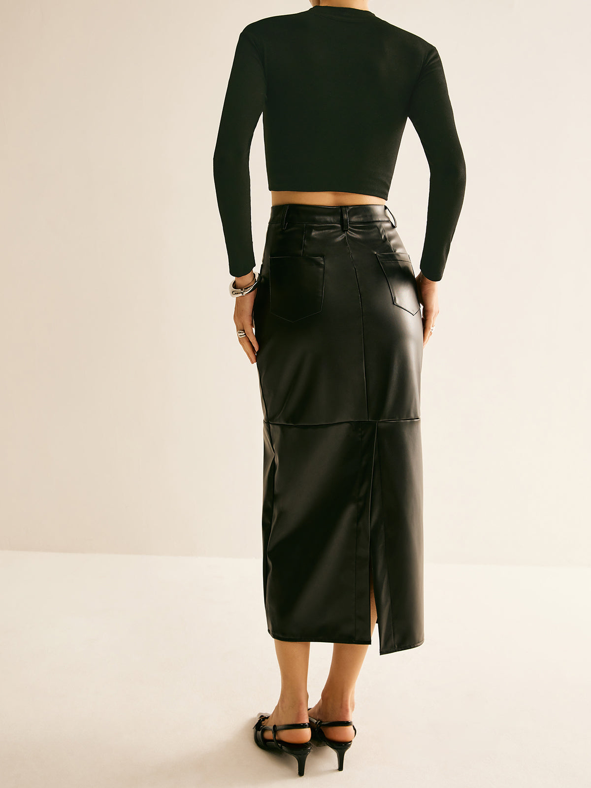 Piping PU Leather A-Line Skirt-Chicvia