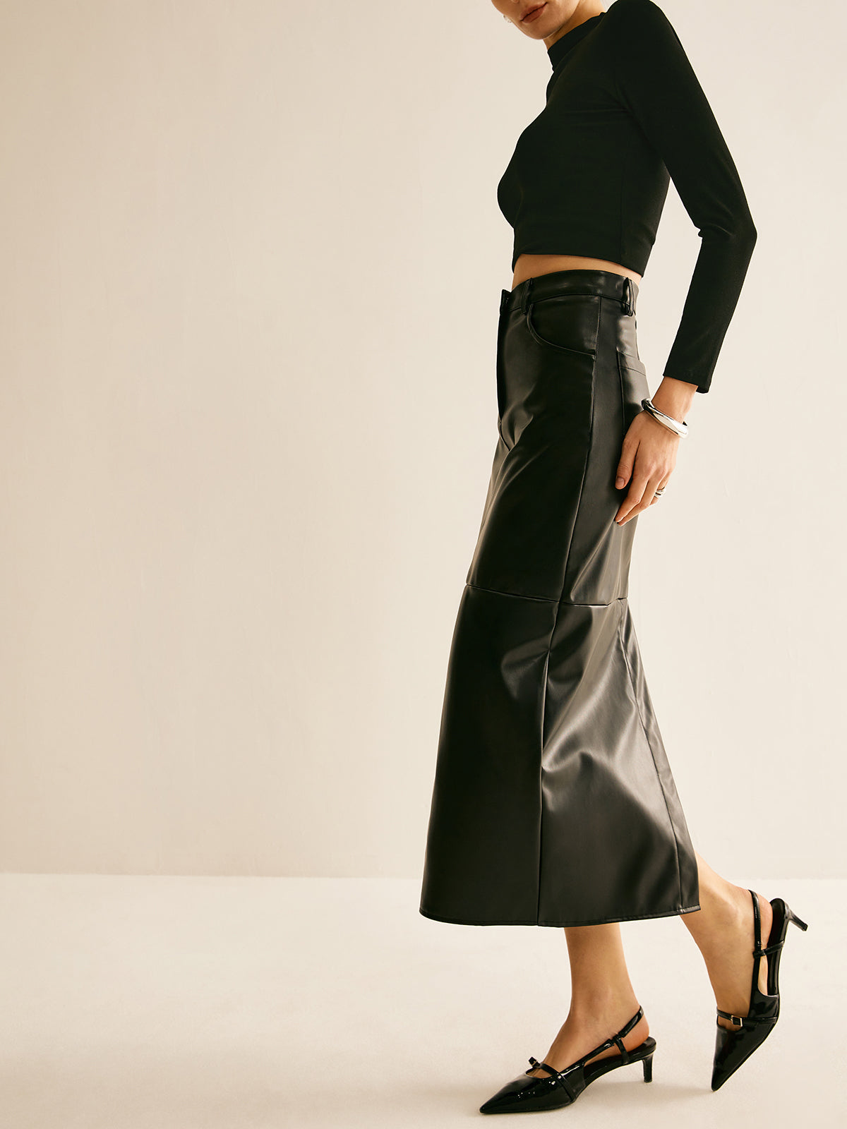 Piping PU Leather A-Line Skirt-Chicvia