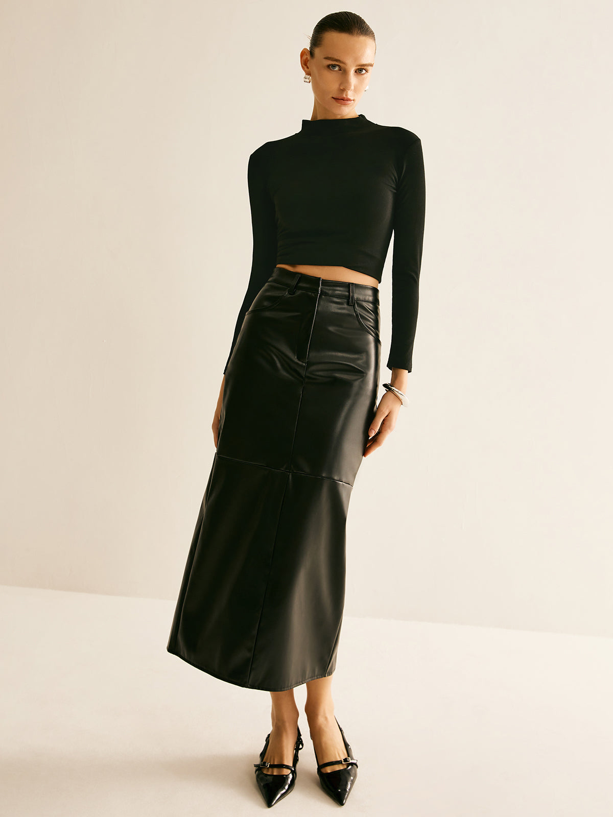 Piping PU Leather A-Line Skirt-Chicvia