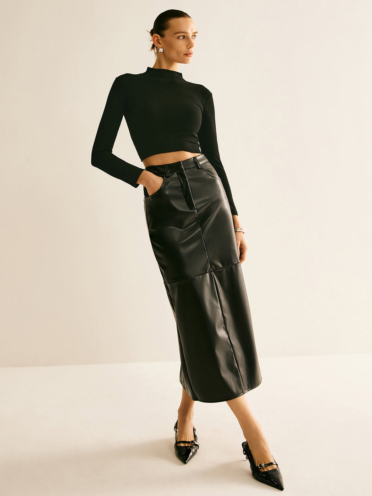 Piping PU Leather A-Line Skirt-Chicvia