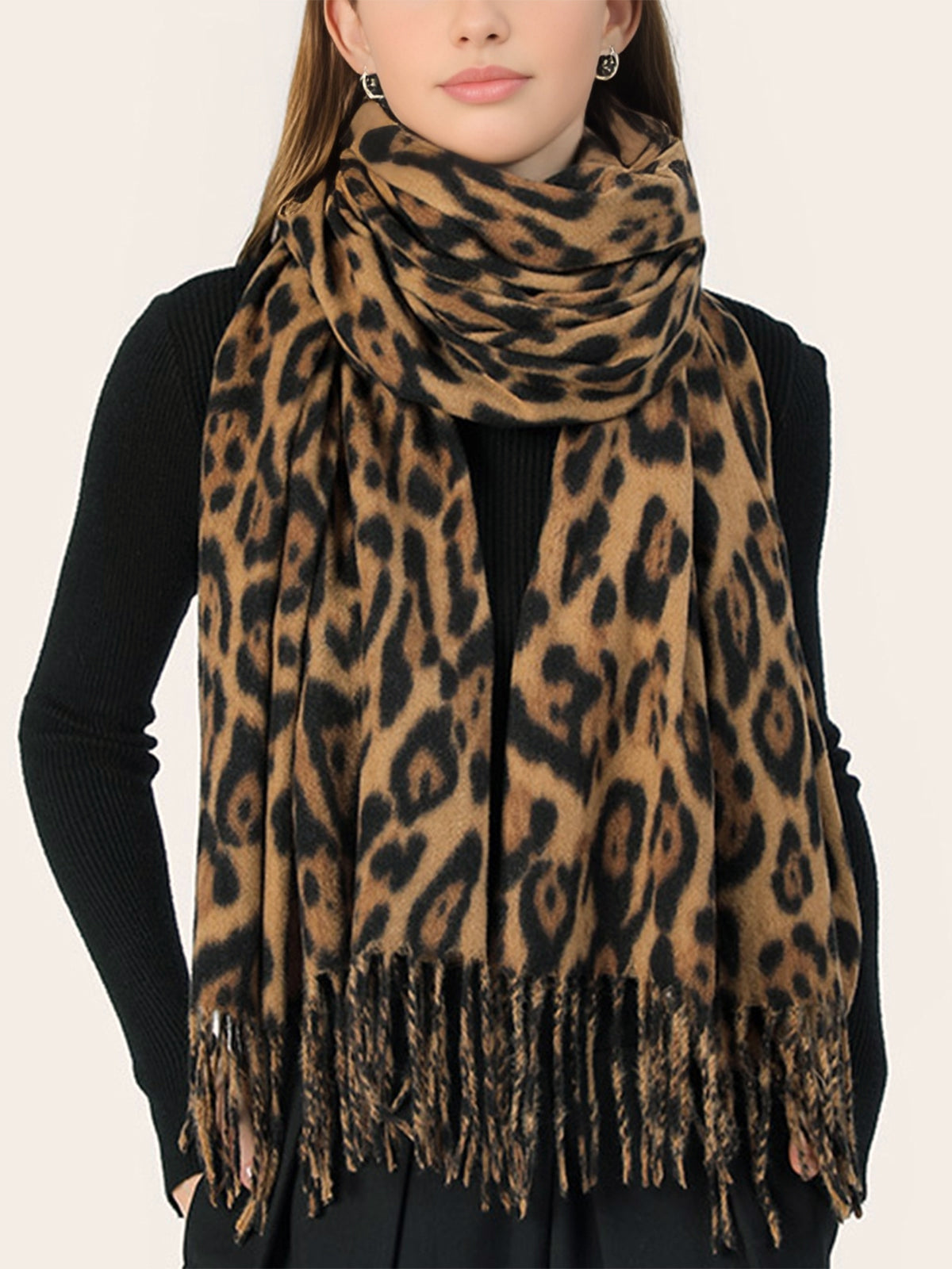 Leopard Printed Tassel Warm Scarf-Chicvia