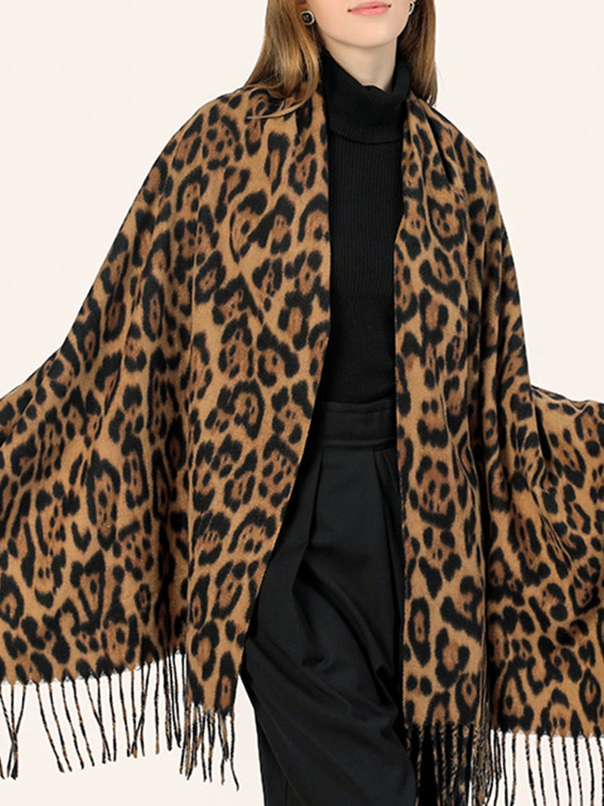 Leopard Printed Tassel Warm Scarf-Chicvia