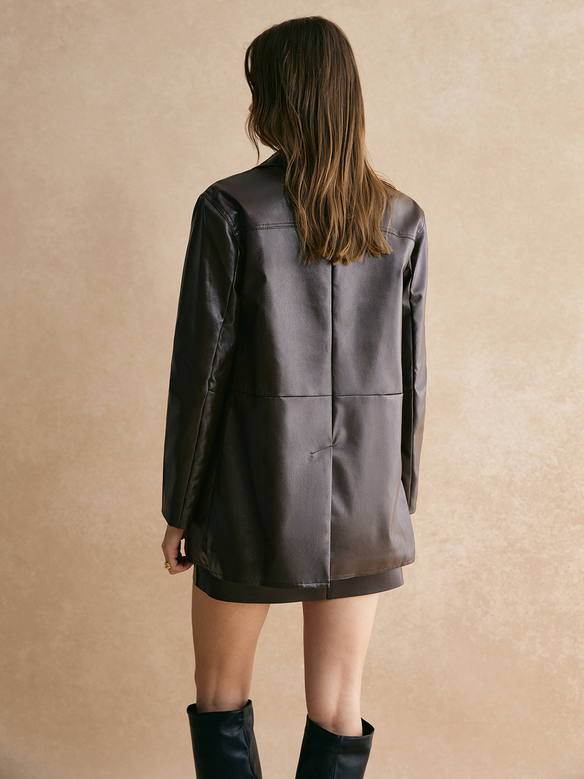 Pockets Faux Leather Blazer-Chicvia