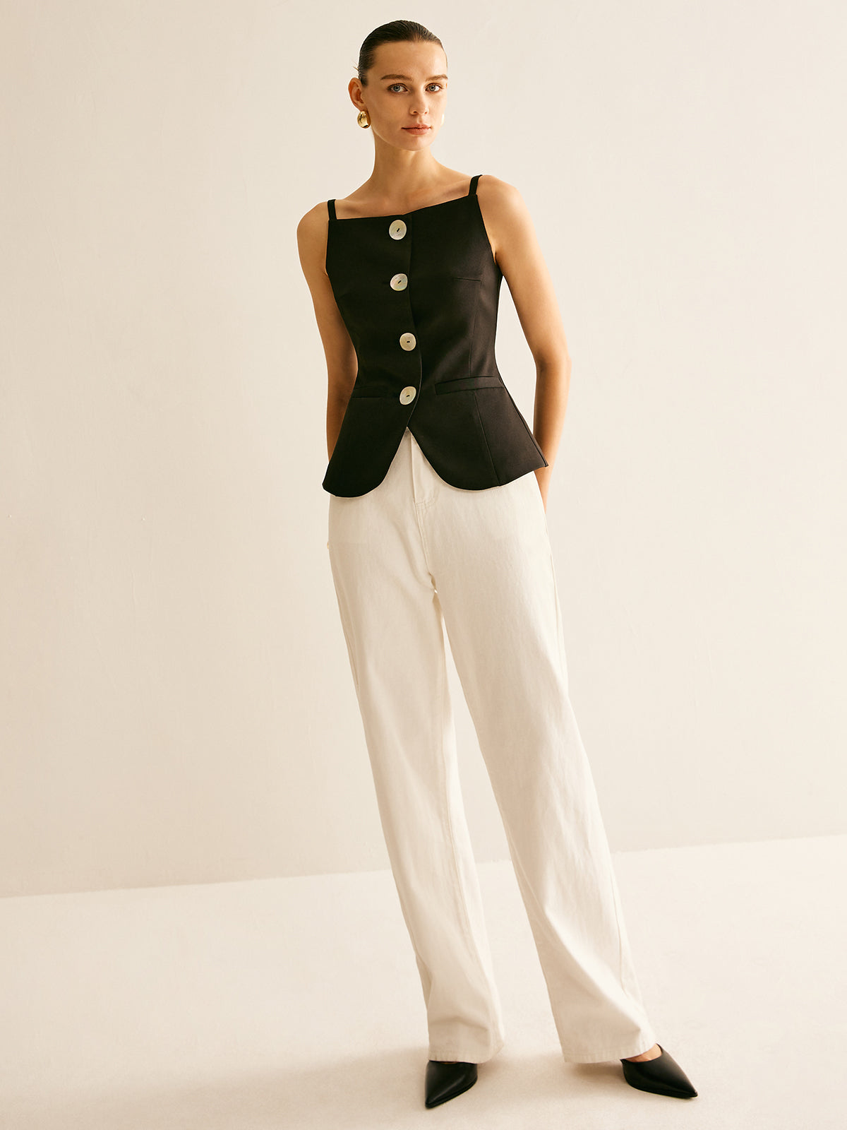 Button Split Cami Vest-Chicvia