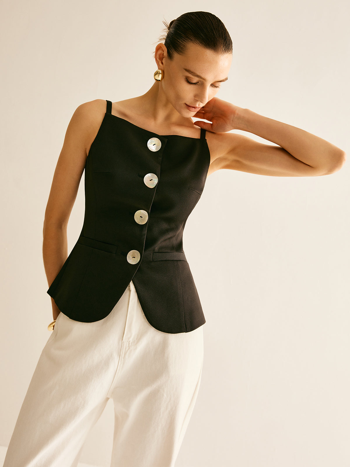 Button Split Cami Vest-Chicvia