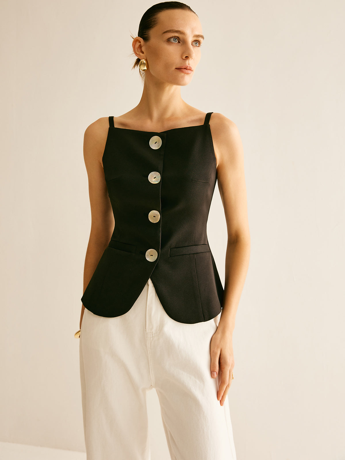 Button Split Cami Vest-Chicvia