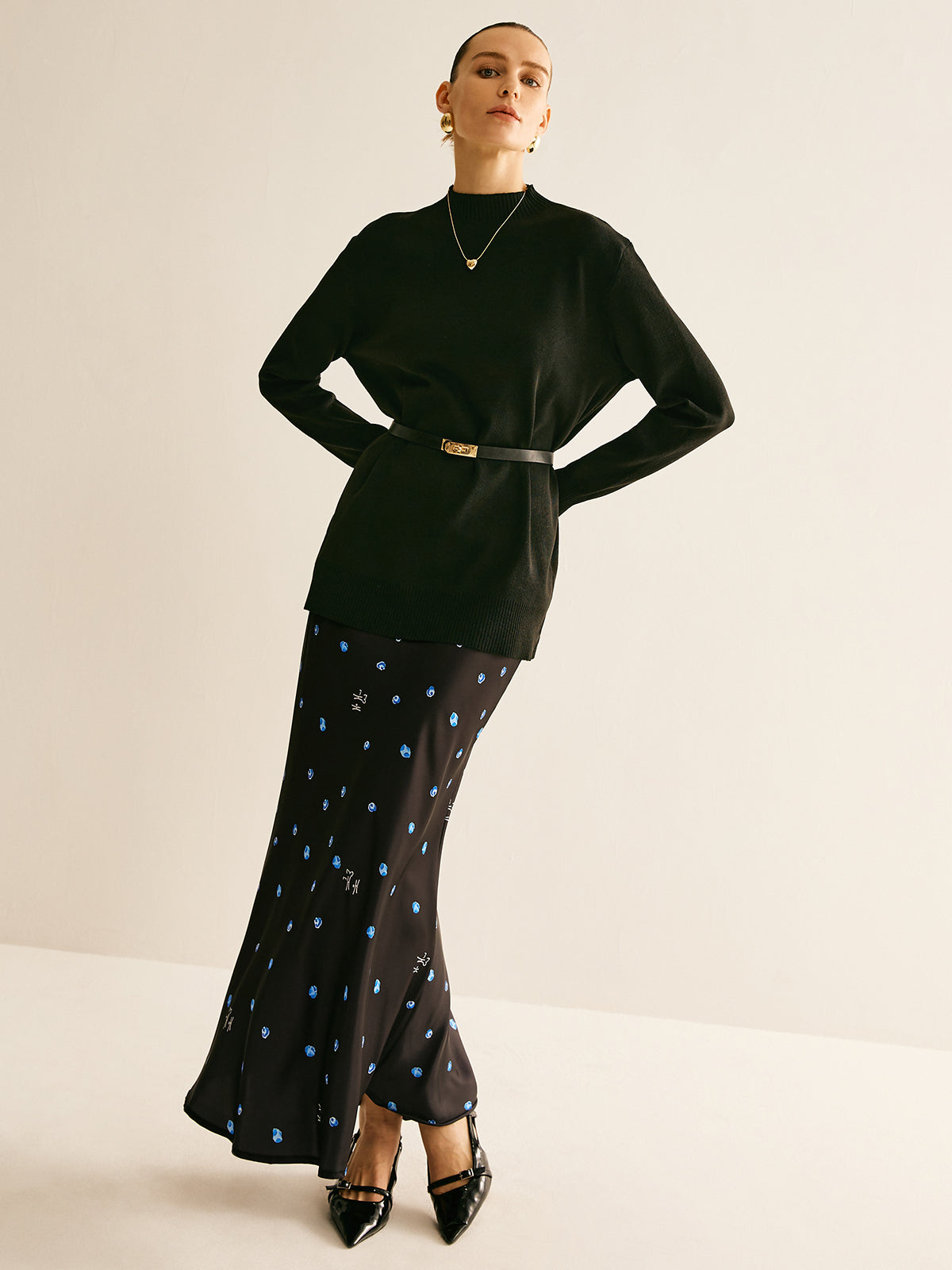 Plain Mock Neck Versatile Belted Sweater-Chicvia